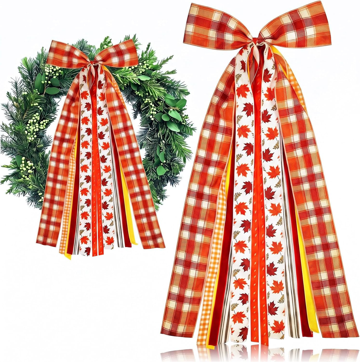 Knitgrip Large Fall Ribbon Bow for Wreath Buffalo Plaid Fabric Ribbons