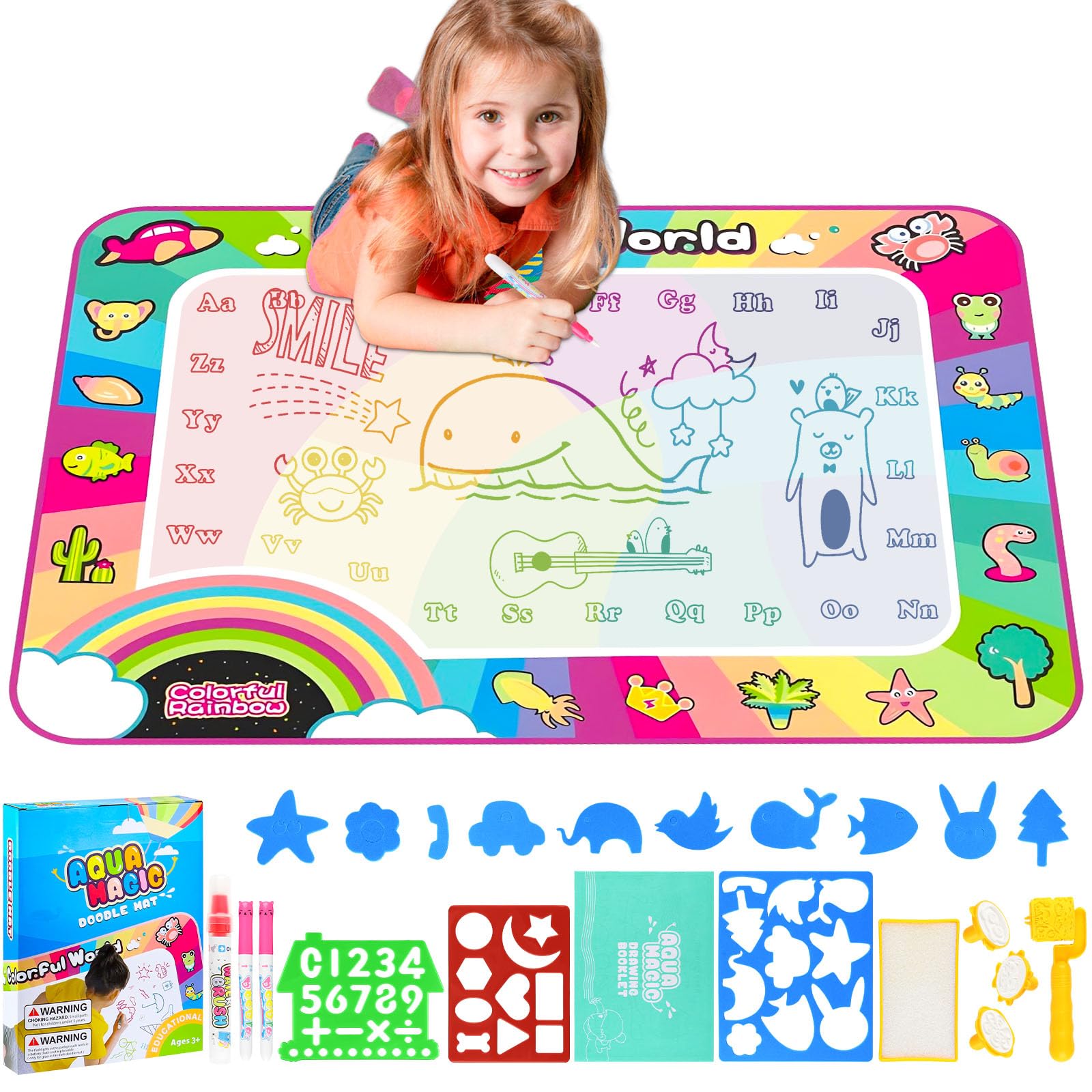 Water Doodle Mat for Kids Doodle Mat for Toddlers 1-3 Wildlife for 3 4 5 6 7 8 Years Old Girls & Boys,Neon Color Mat Doodle Board Writing Drawing Toys