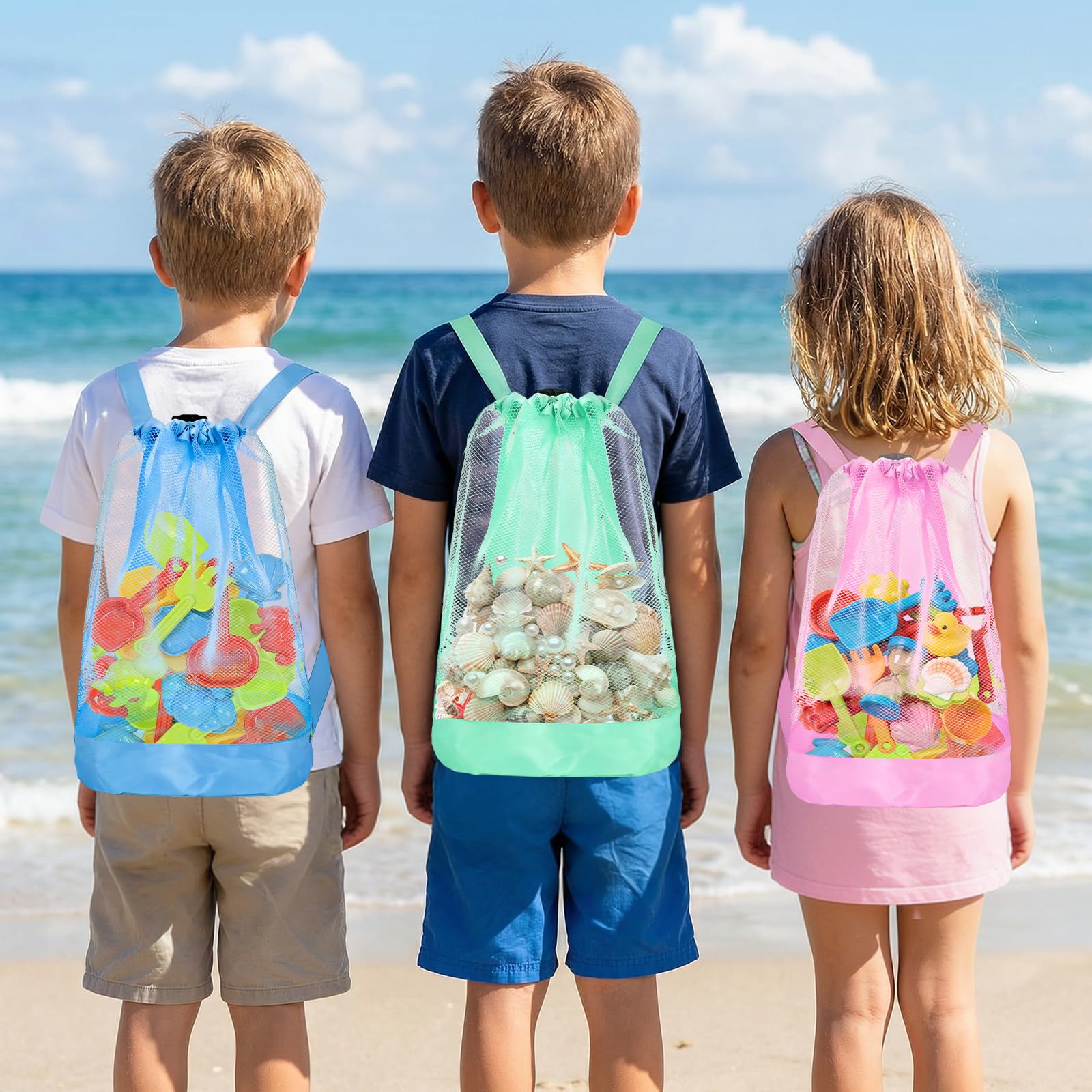 Bolsa para juguetes de playa, 3 PCS Bolsa Malla Juguetes Playa, Bolsa Juguetes Plegable, Bolsa de playa de malla con cordón, Para vacaciones familiares, viajes a la playa, juguetes (A)