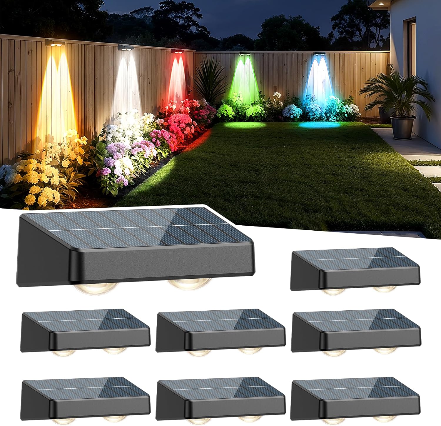 Fence Lights Solar Powered, Led Solar Fence Lights Outdoor IP65 Waterproof, Warm/Cool White and RGB Colors Changing Solar Wall Lights for Garage Backyard Railing Step Patio Pool - 8Pack