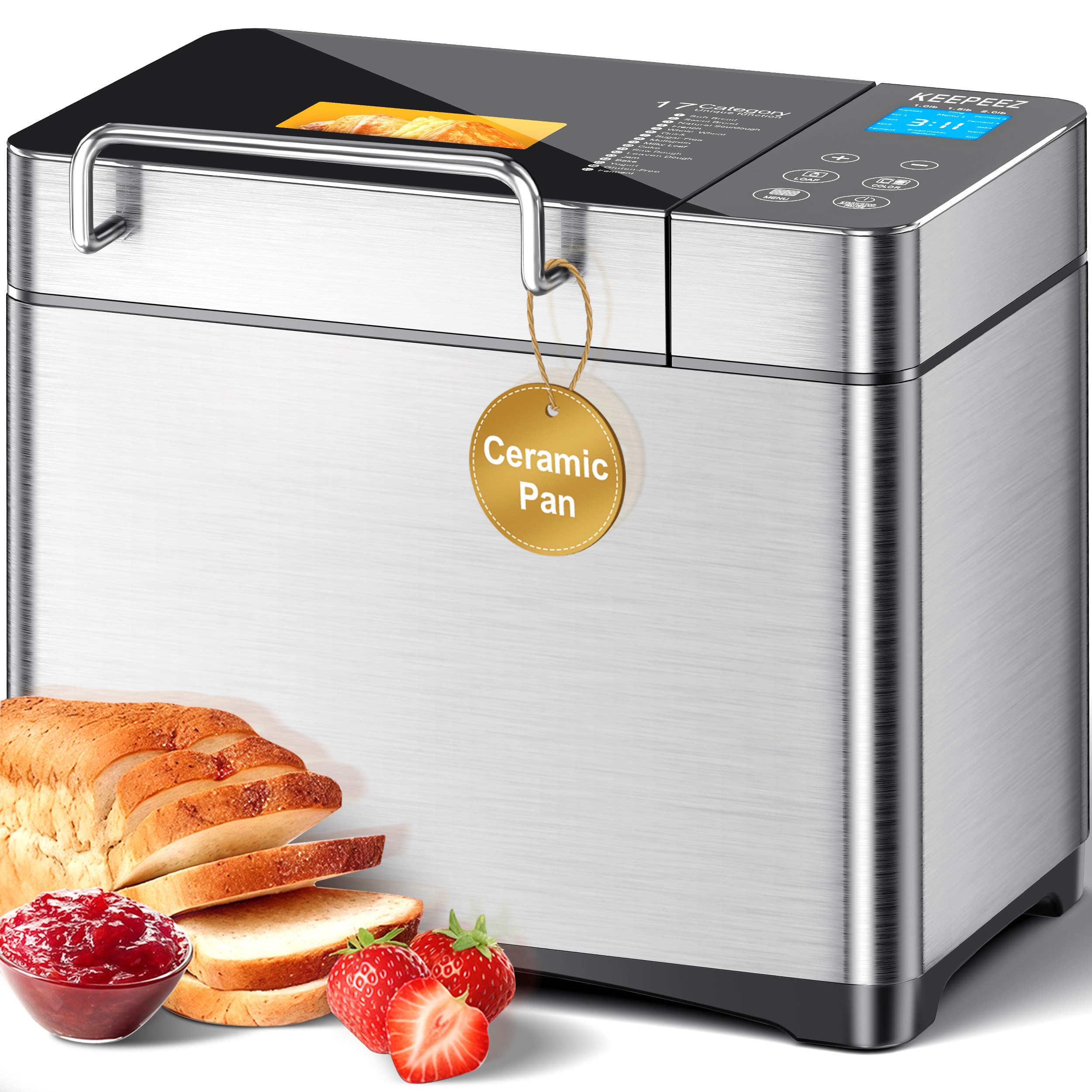 17-IN-1 All Stainless Steel Bread Maker, 2LB Bread Machine BPA-Free Non-Stick 5-Layer Superior Die-Cast Ceramic Pan, Auto Fruit Nut Dispenser, 2 Paddles & Full Touch Panel,15H Timer&Keep Warm, Recipes