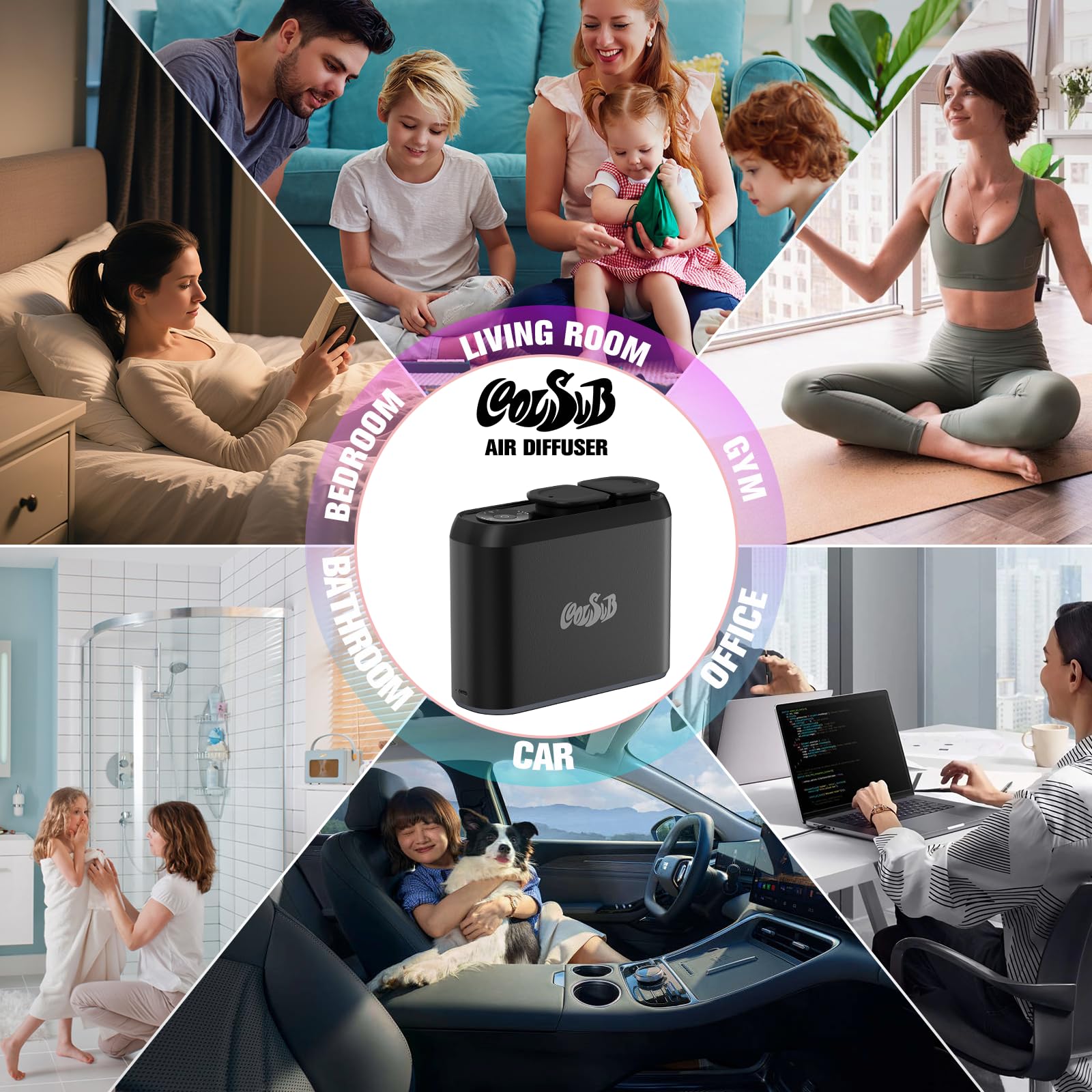 Diffusore di aromi intelligente, diffusore di oli essenziali a doppio ugello, senz'acqua, con nebbia fredda, diffusore di oli essenziali per aromaterapia, funzionamento a batteria, per auto