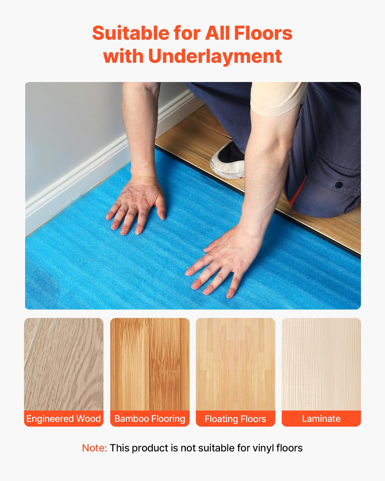 VEVOR Trittschalldämmung, 55,8 m², 3-in-1 2 mm dicke Dämmungunterlage mit Klebeband & Dampfsperre, EPE-Schaum mit blauem PE, Schalldämmung & Geräuschreduzierung, für Laminat-Holzböden, 6 Stk.