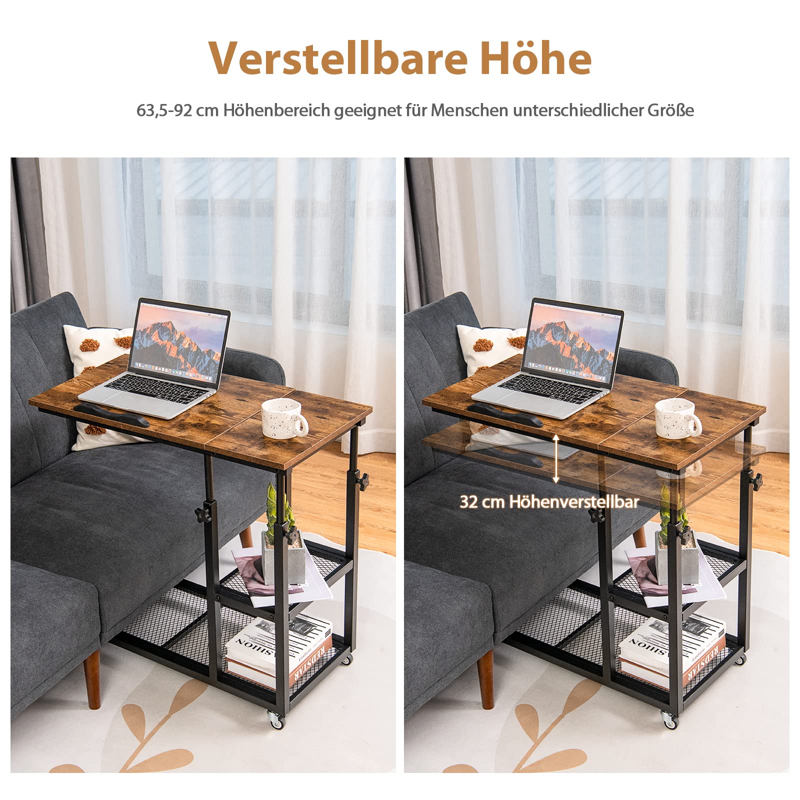 COSTWAY Pflegetisch höhenverstellbar mit Rollen, Betttisch mit kippbarer Tischplatte, Kantenschutz und Ablage, Krankentisch, Beistelltisch für Wohnzimmer, Schlafzimmer, 80 x 40 cm (Vintage)