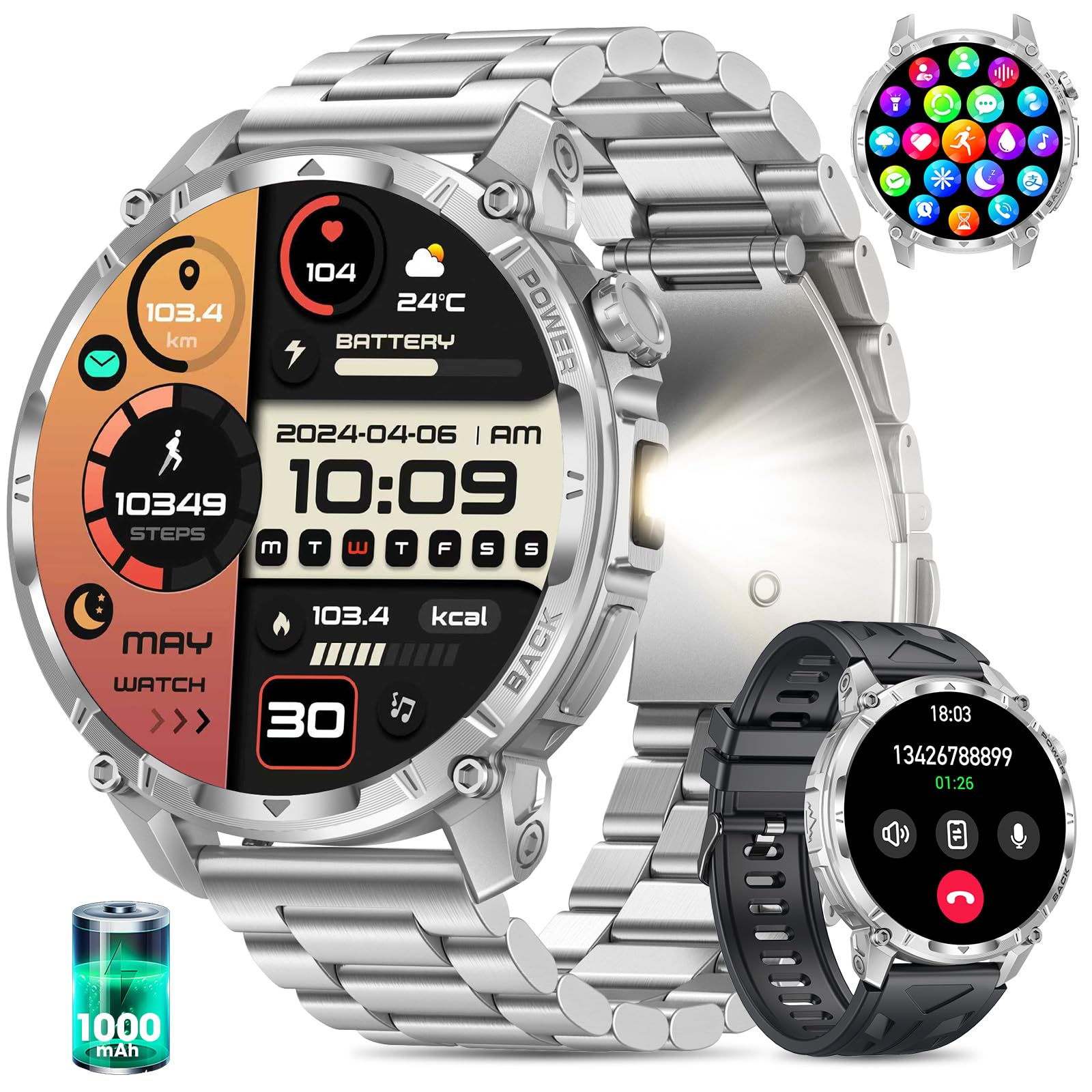 Smartwatch Uomo, 1,7'' Militari Orologio smart watch uomo Torcia 100 Giorno Standby Chiamate Bluetooth 120+ Modalità Sportive SpO2 Cardiofrequenzimetro Sonno IP68 Android iOS (Acciaio Argento)