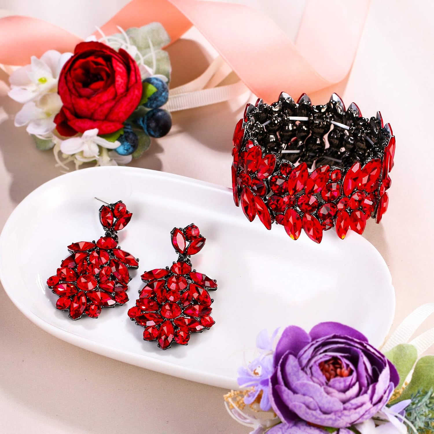 EVER FAITH Austrian Crystal Bride Wedding Jewelry Sets Art Deco Bridal Prom Earrings Stretch Bracelet Set