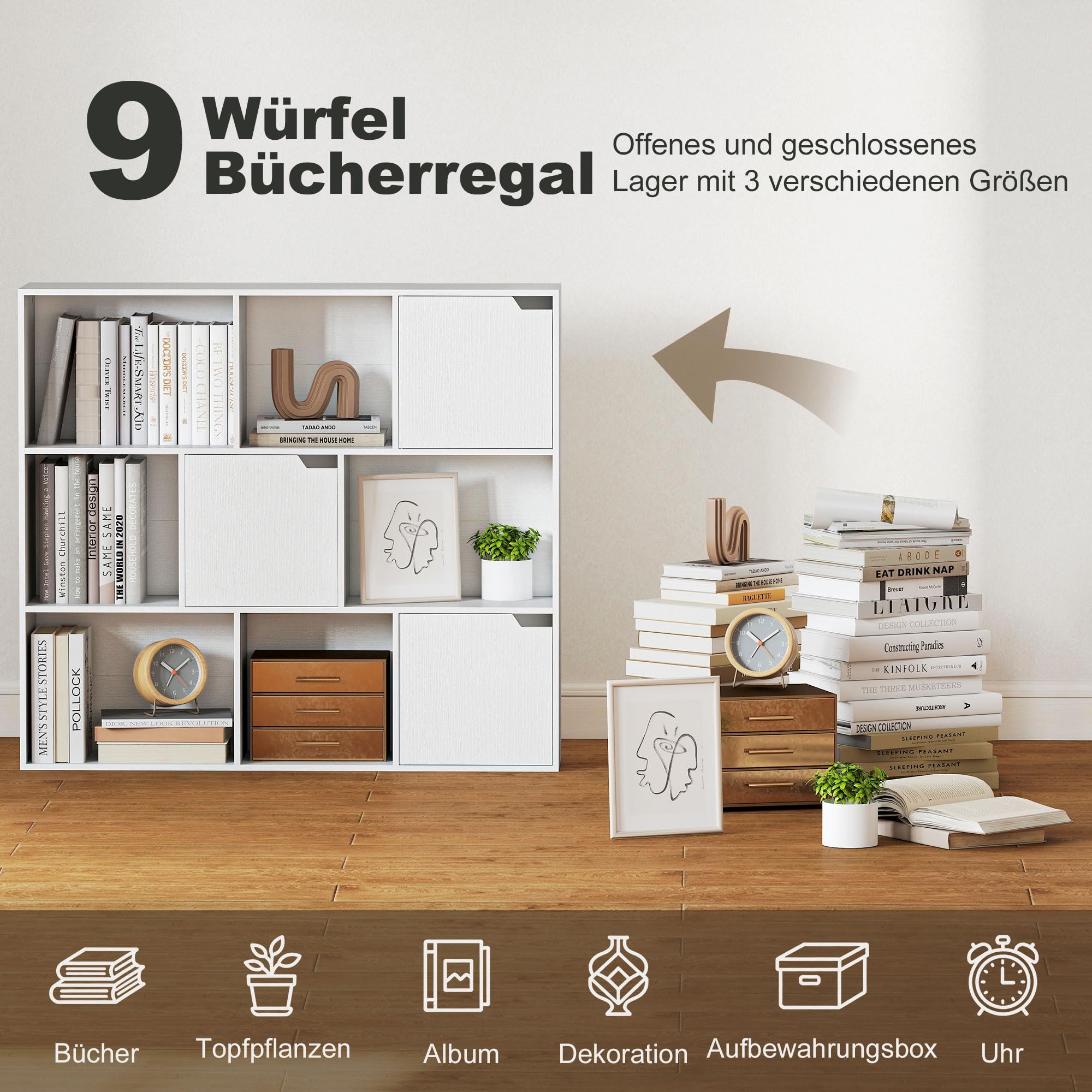 HOMCOM Bücherregal Aufbewahrungsregal Büroregal mit 9 Fächern, 3 Türen, 6 offene Regale Display Regal für Home-Office Wohnzimmer Weiß 106 x 24 x 95 cm