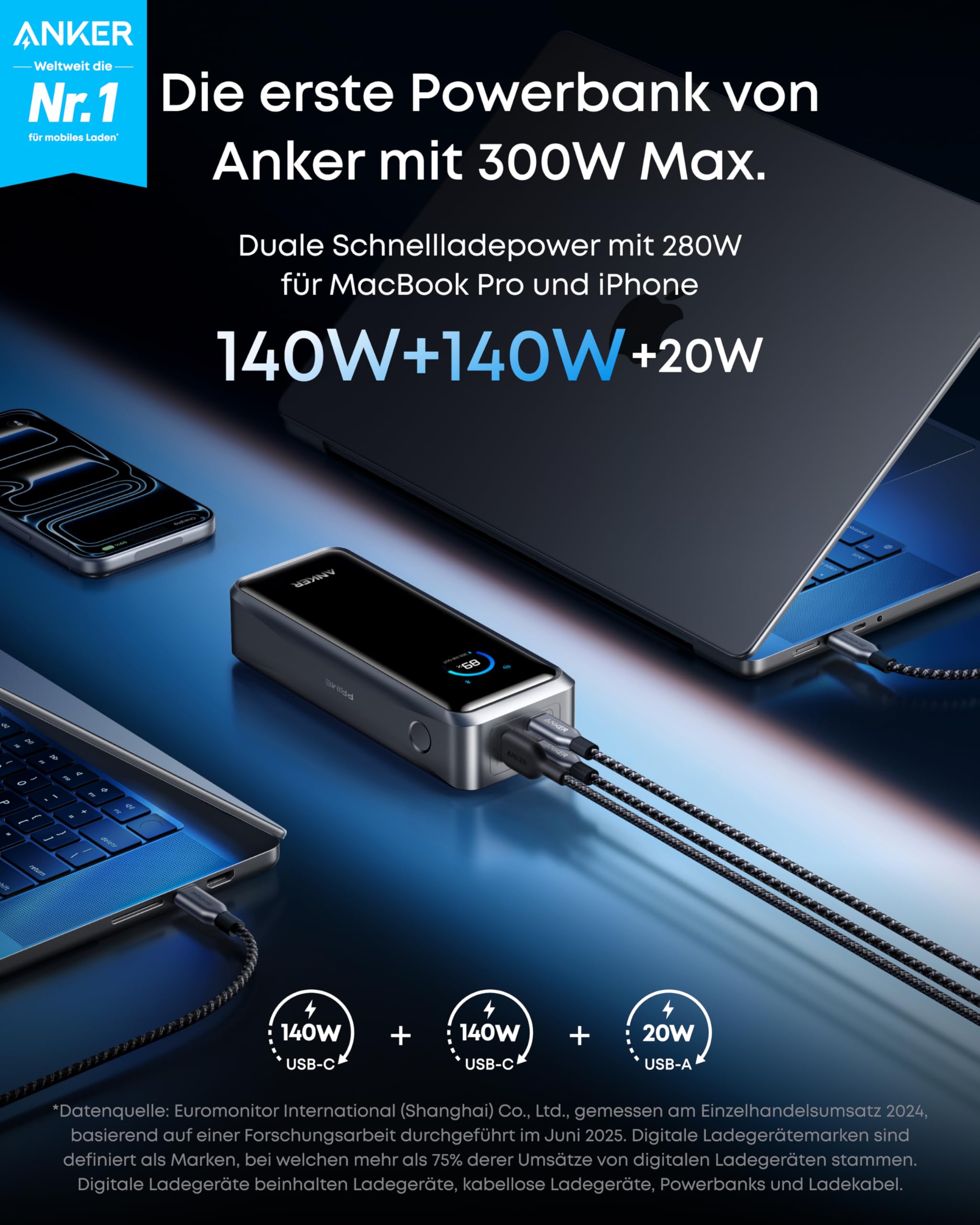 Anker Prime Powerbank 26250mAh, 300W max, bidirektionales Laden, 250W Dual-Input & 140W Single-Port, TSA-zugelassen, App-Steuerung, Display, kompatibel mit MacBook Pro & iPhone 17/16 (ohne Ladebasis)
