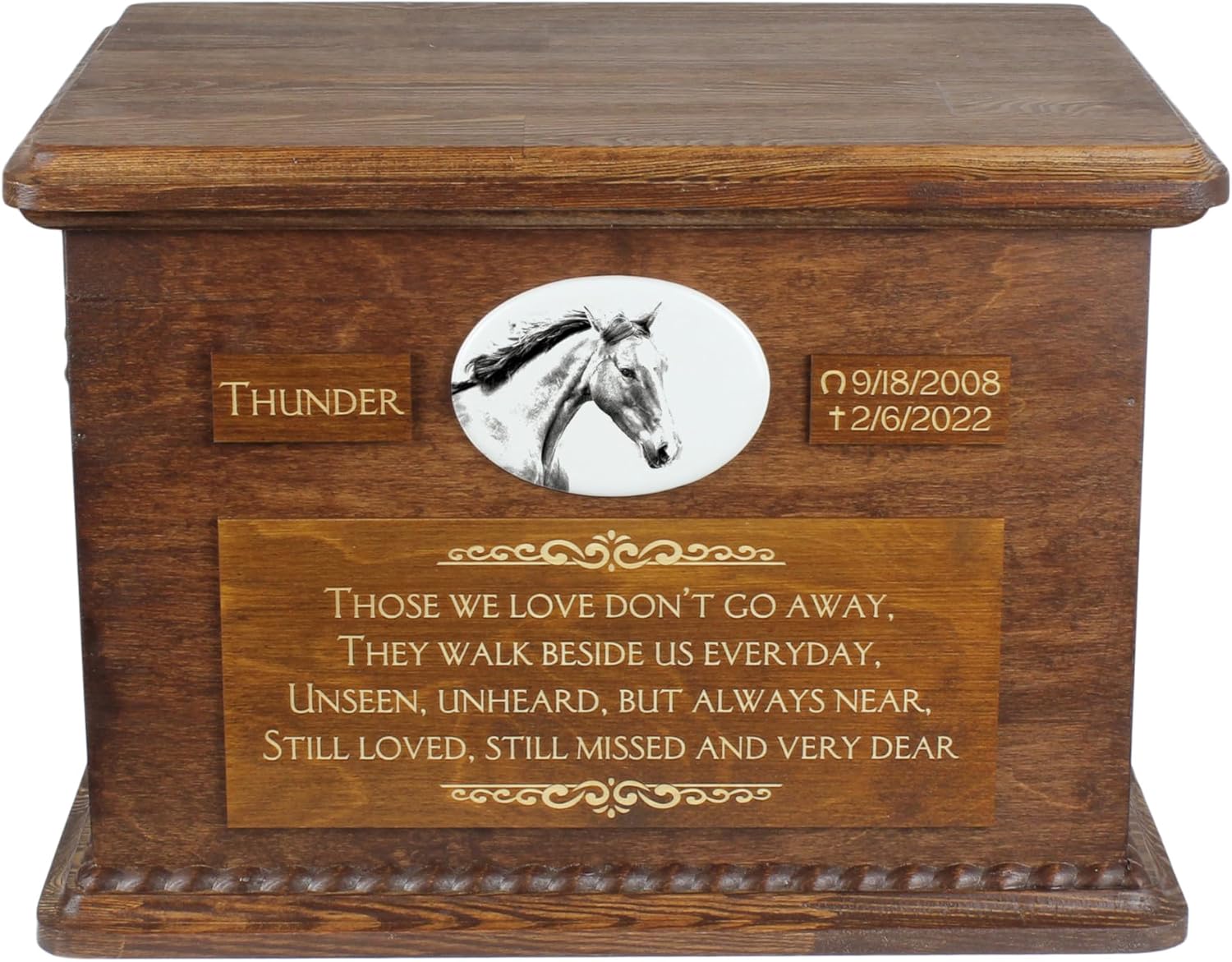 Art-Dog Big Urn for Horse Ashes - Handmade Memorial with Photo - Personalized Custom Horse Urn with Brass Handles and Ceramic Plaque - 15.7x11.8x11” – Irish Sport
