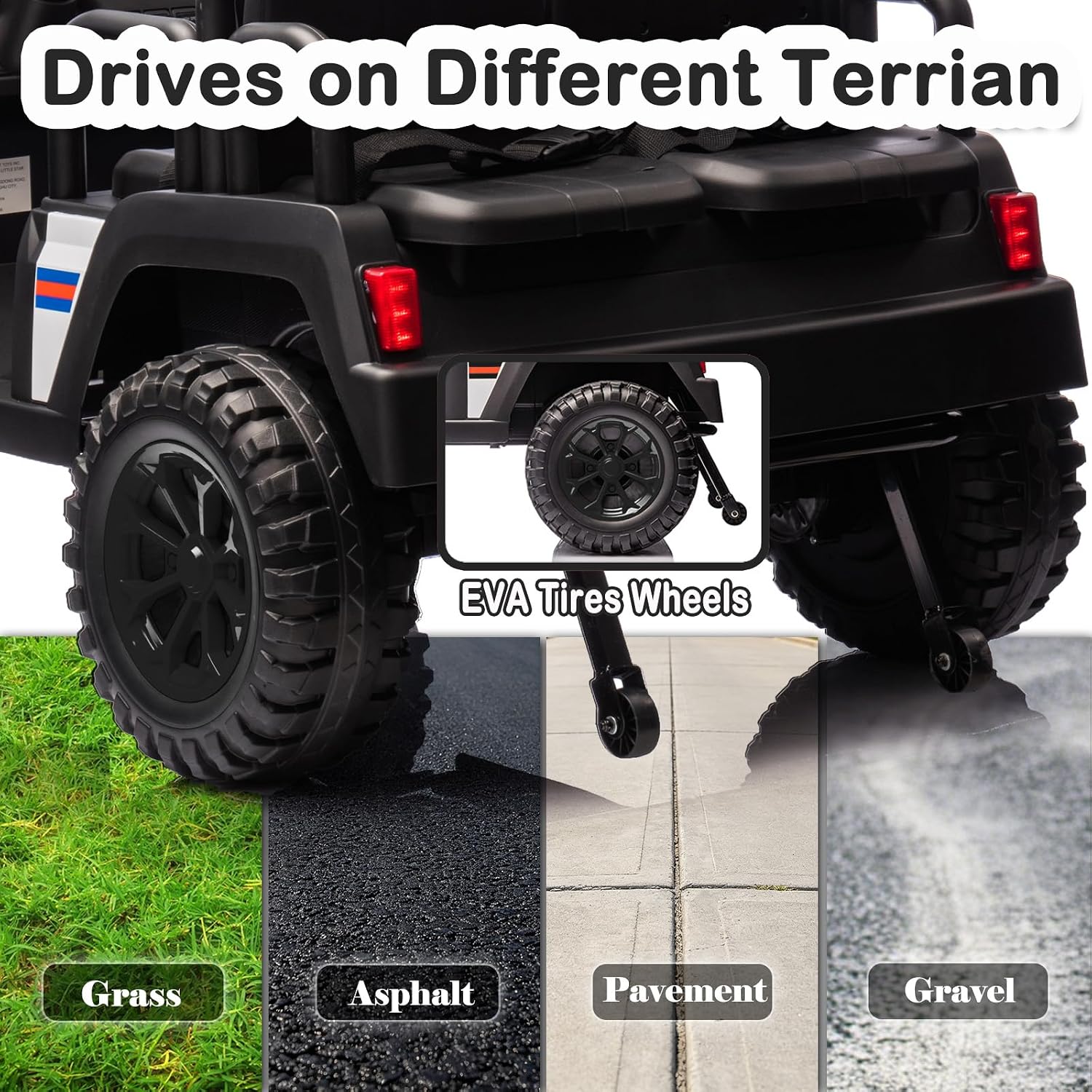 NEWQIDA Electric Golf Cart driving on different terrains: grass, asphalt, pavement, and gravel, highlighting the EVA tires.
