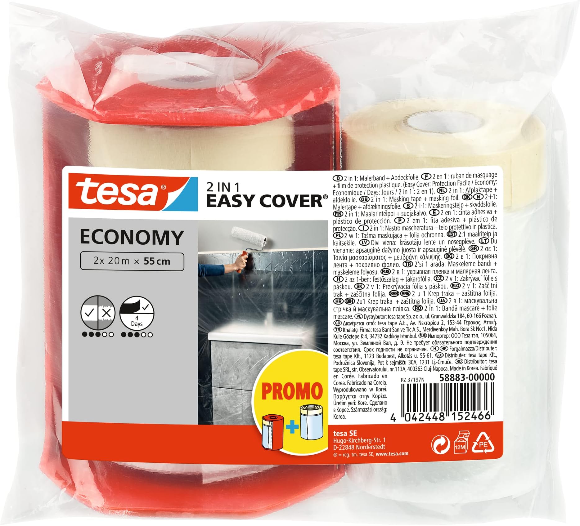 tesa Easy Cover ECONOMY Cover Sheet for Painting - 2 in 1 Protection Foil and Masking Tape for Masking - 2x 20 m x 55 cm + Dispenser