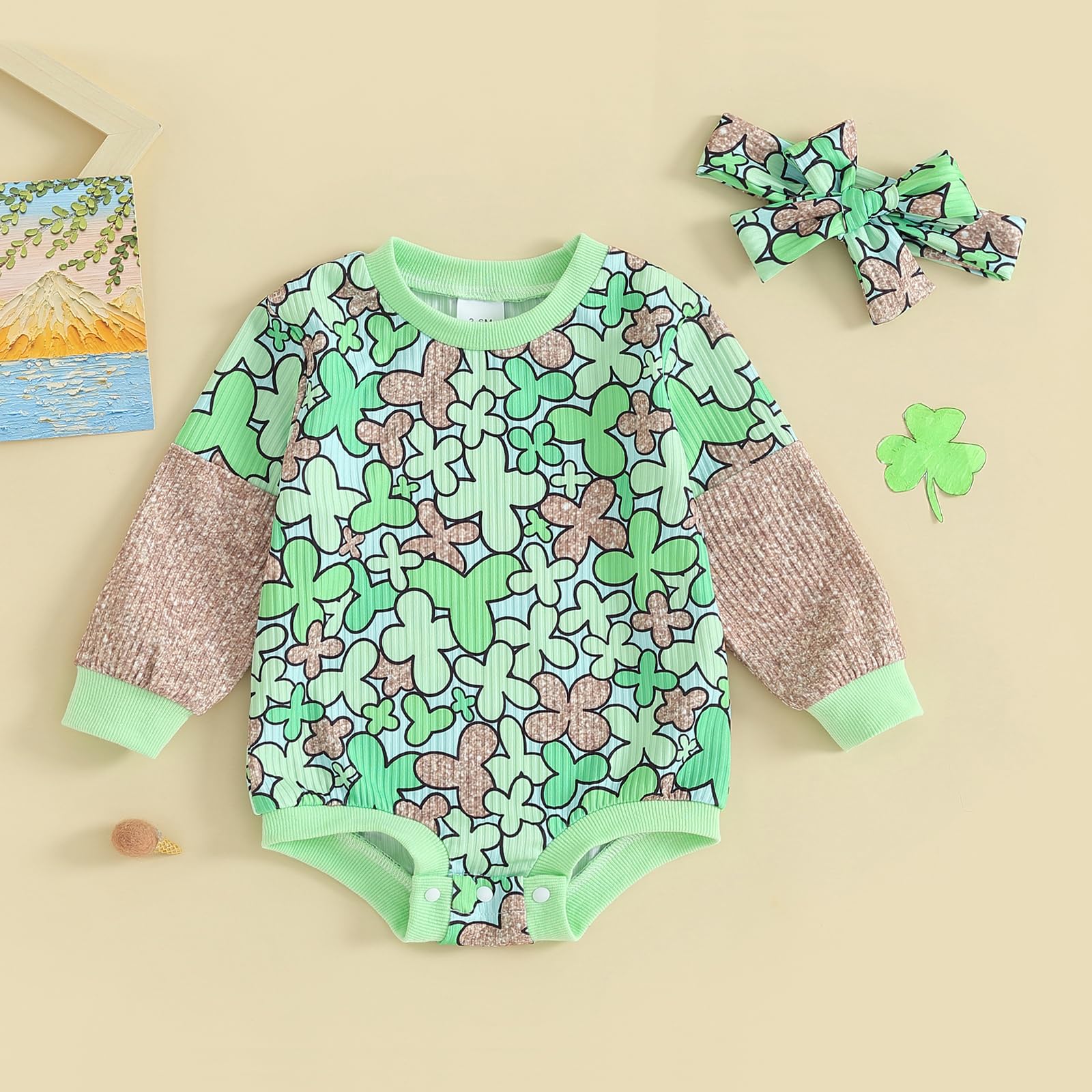 Kayotuas St Patricks Day Baby Girl Outfit Shamrock Bubble Romper Long Sleeve Crewneck Sweatshirt Onesie Toddler Clover Shirt (Green, 12-18 Months)