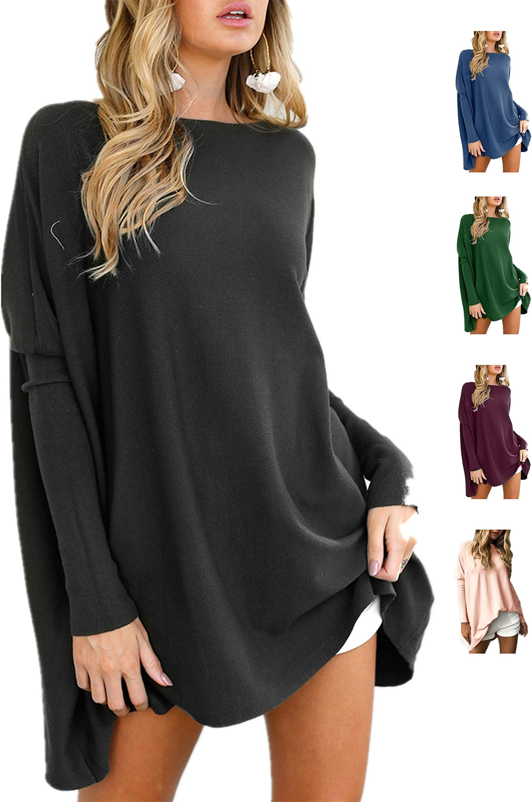 LIYOHON Women's Oversized T-Shirt Round Neck Long Sleeve Loose Sweaters Tunic Tops for Women Black-M