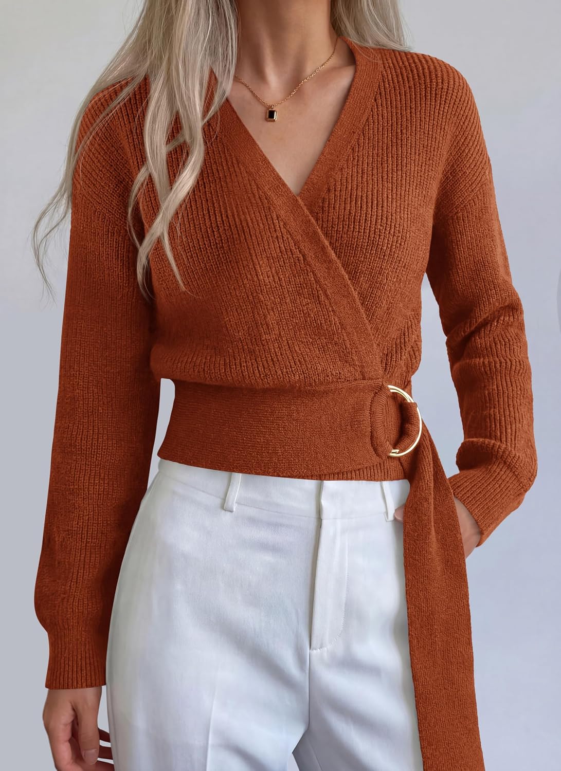 PRETTYGARDEN Womens Long Sleeve Wrap V Neck Belted Sweater | Fall Metal Buckle Waist Chunky Knit Tunic Sweaters, Ribbed Stretchy Crop Tops, Hidden Button At Bust, Winter Cozy Pullover