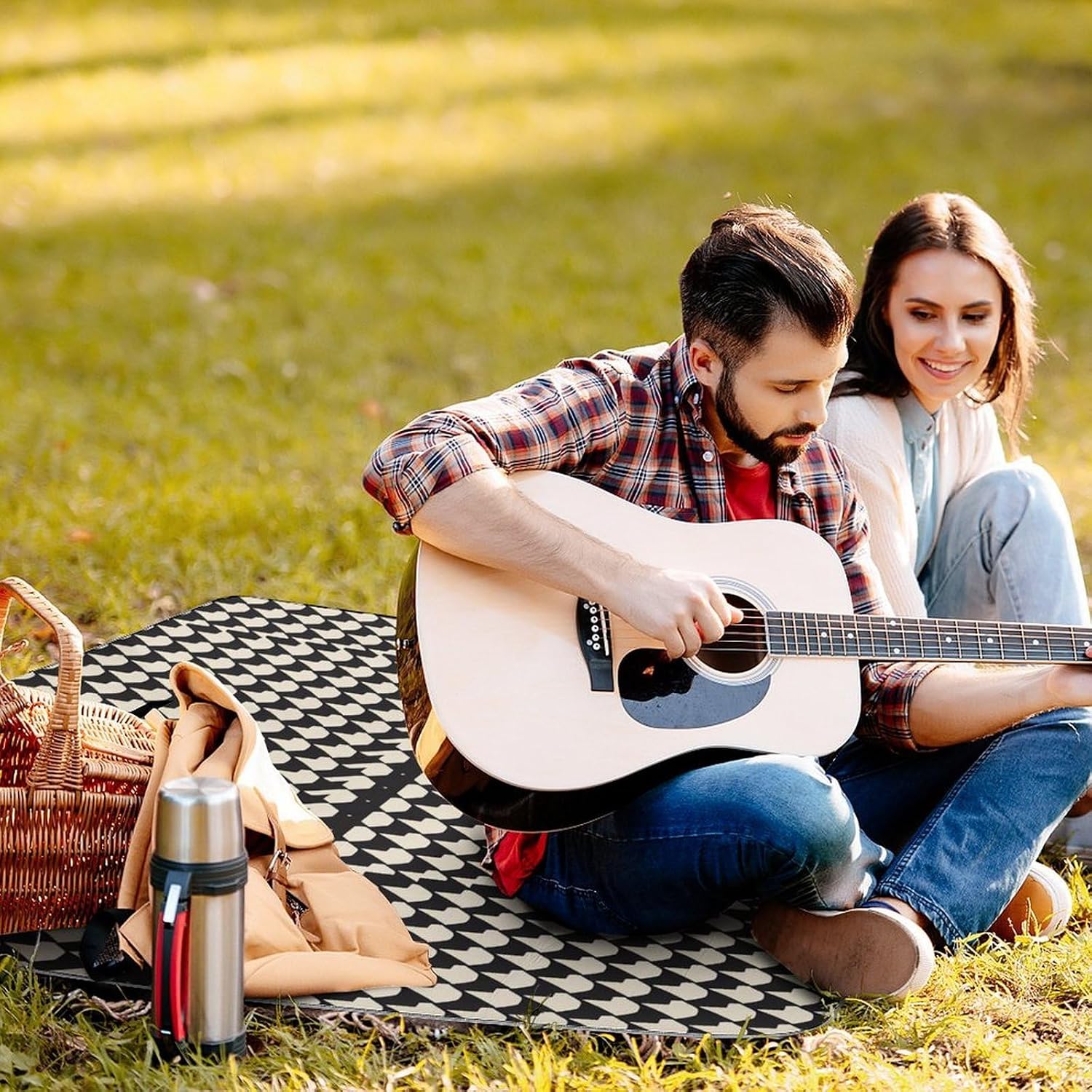 Gray Houndstooth Stripes Foldable Waterproof Outdoor Picnic Mat for Beach, Camping & Park - Outdoor Rugs with Sponge Padding