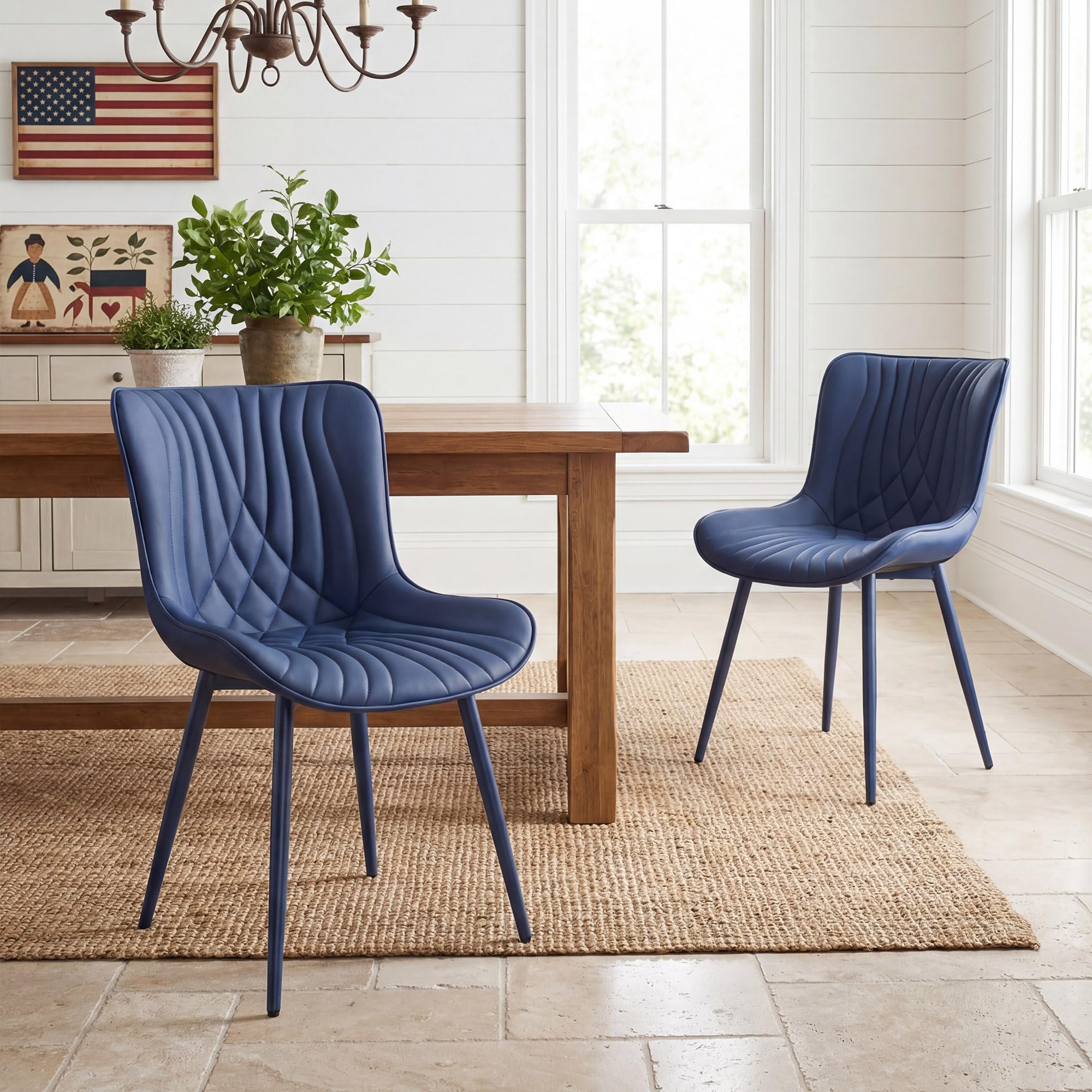YOUTASTE Navy Blue Dining Chairs Set of 2, Mid Century Modern Comfy Kitchen Chair, Upholstered Faux Leather, Navy Blue Metal Legs, Armless Accent