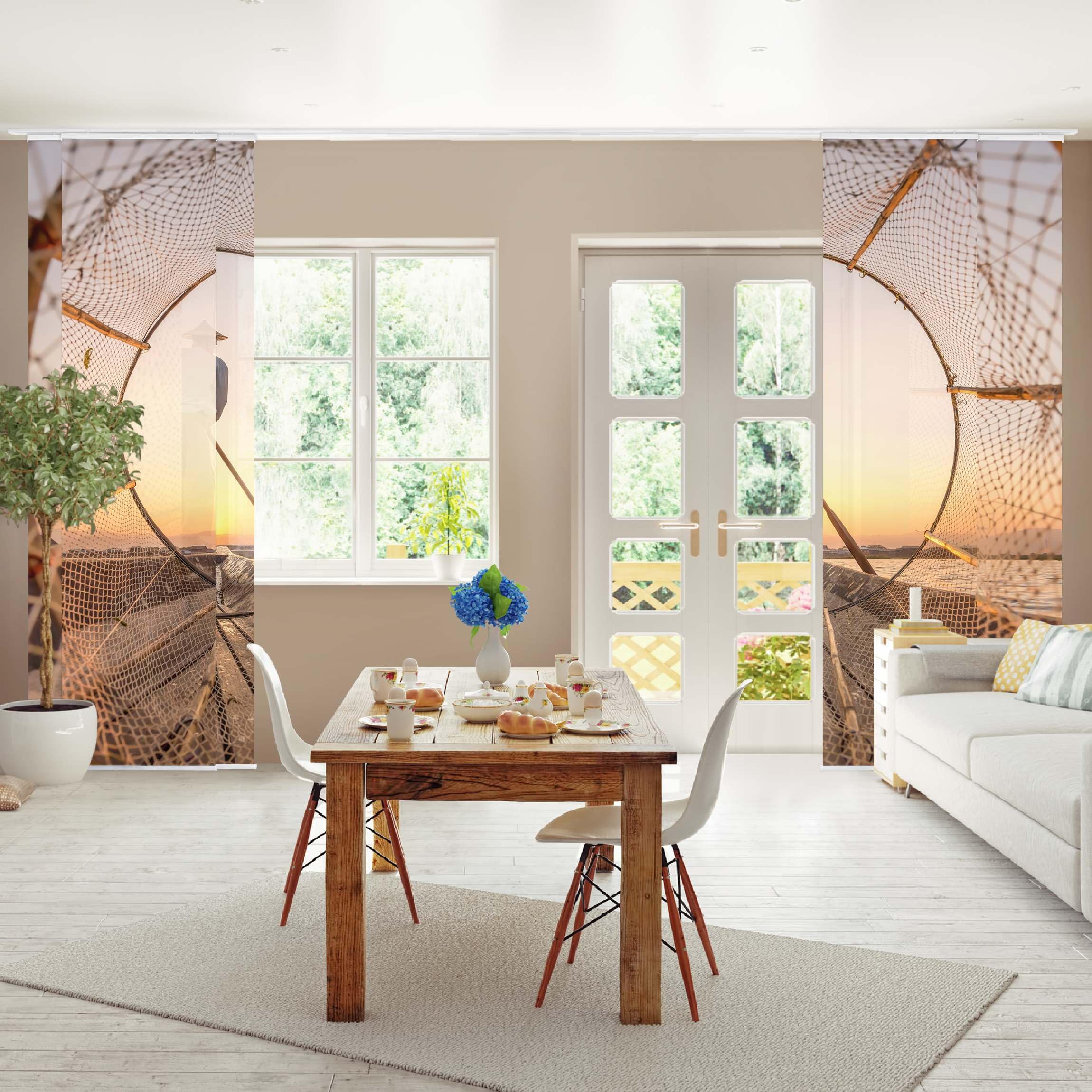 Schiebegardine halbtransparent 60er Paneel Klett Natur Textil lichtdurchlässig - Asien Modern Flächenvorhang orange Wohnzimmer Schlafzimmer 2565 (300x250 cm - 5er Set)