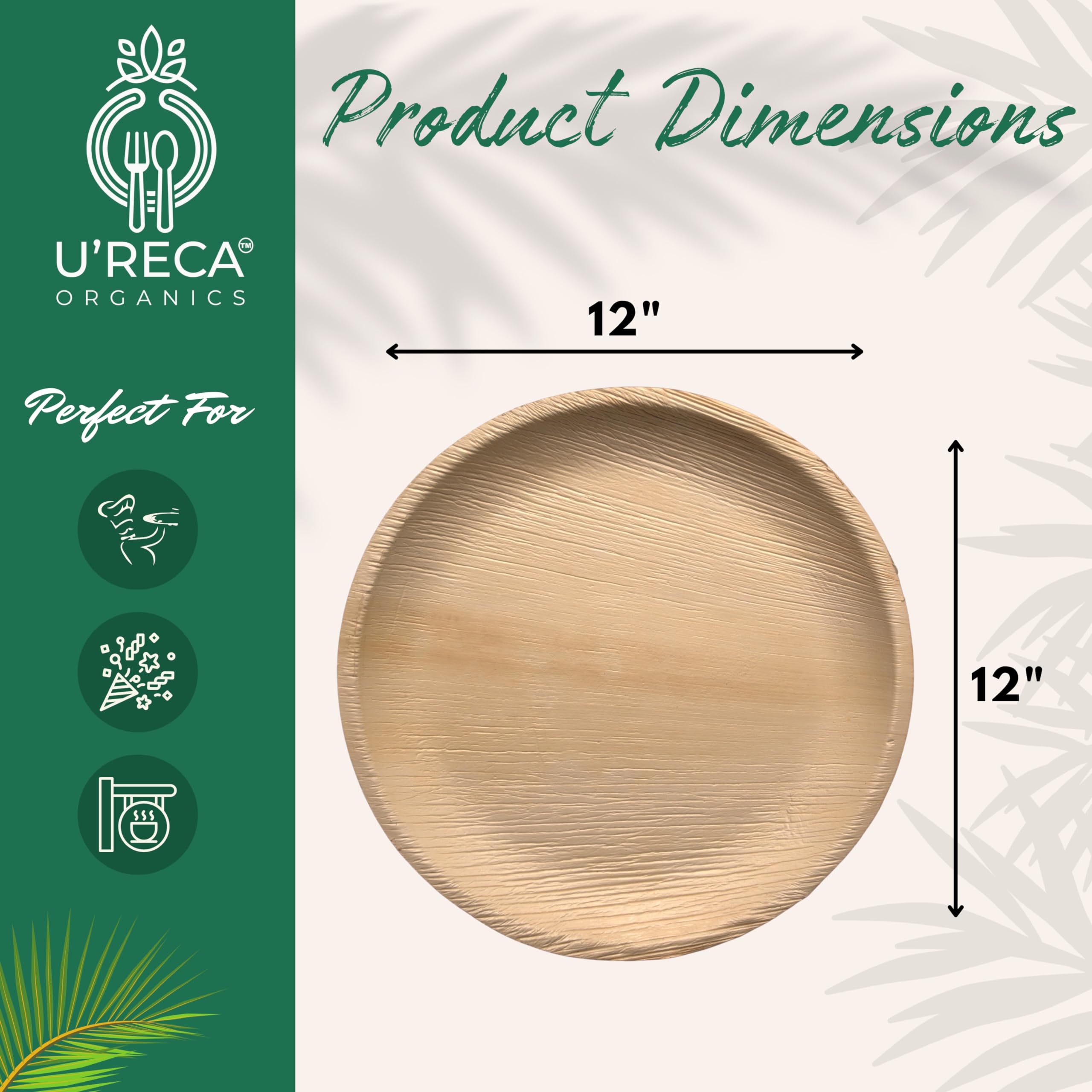 U'RECA ORGANICS Assiettes Rondes En Feuille De Palmier Respectueuses De L'environnement | Lot De 25 Assiettes Rondes De 30 Cm | Vaisselle Jetable, Compostable Et Biodégradable | Parfaites Pour Les