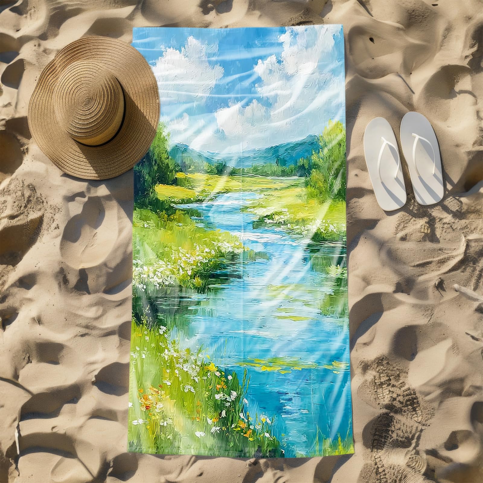 Genérico Toalla Playa Grande Cielo del Río Verde Azul Microfibra Secado Rápido Oversize Toalla Sin Arena Súper Ligera Piscina Camping Picnic Yoga Gimnasio Y Deportes Viaje
