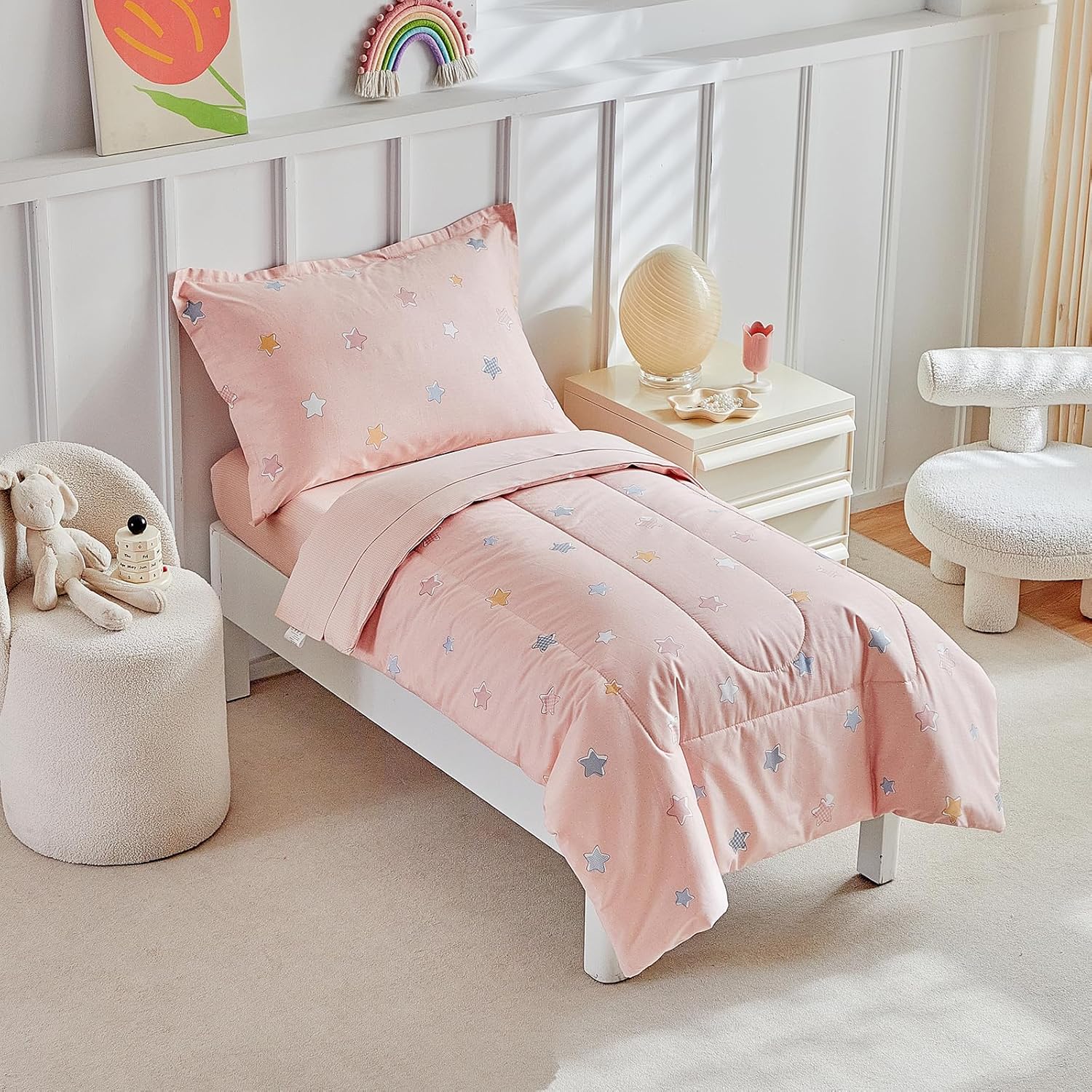 DuShow Cotton Toddler Bedding Set for Girls,4 Piece Toddler Bed Sets,Pink Star Pattern Kids Comforter Sheet Set,Includes Quilted Comforter,Fitted Sheet,Top Sheet,and Pillow Case