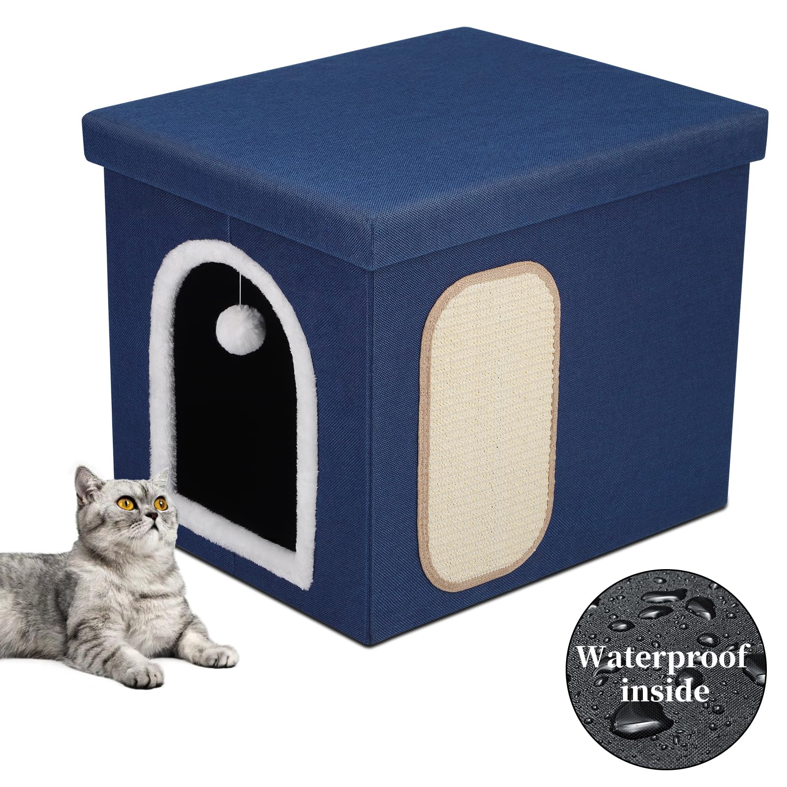 Cat Litter Box Enclosure, Foldable Hidden Litter Box with Mesh Storage Bag, Litter Box Furniture Hidden with Waterproof Inside, Easy Clean, Odor Control, Easy Assembly, 21.6”L x 17.7”D x 17.7”H, Blue