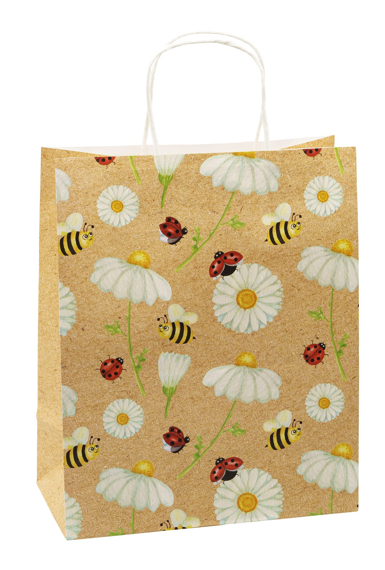 12 Sacchetti Regalo In Carta Kraft Con Motivi Api E Fiori - Medi 23x18x10 Cm - Ecologici E Riciclabili