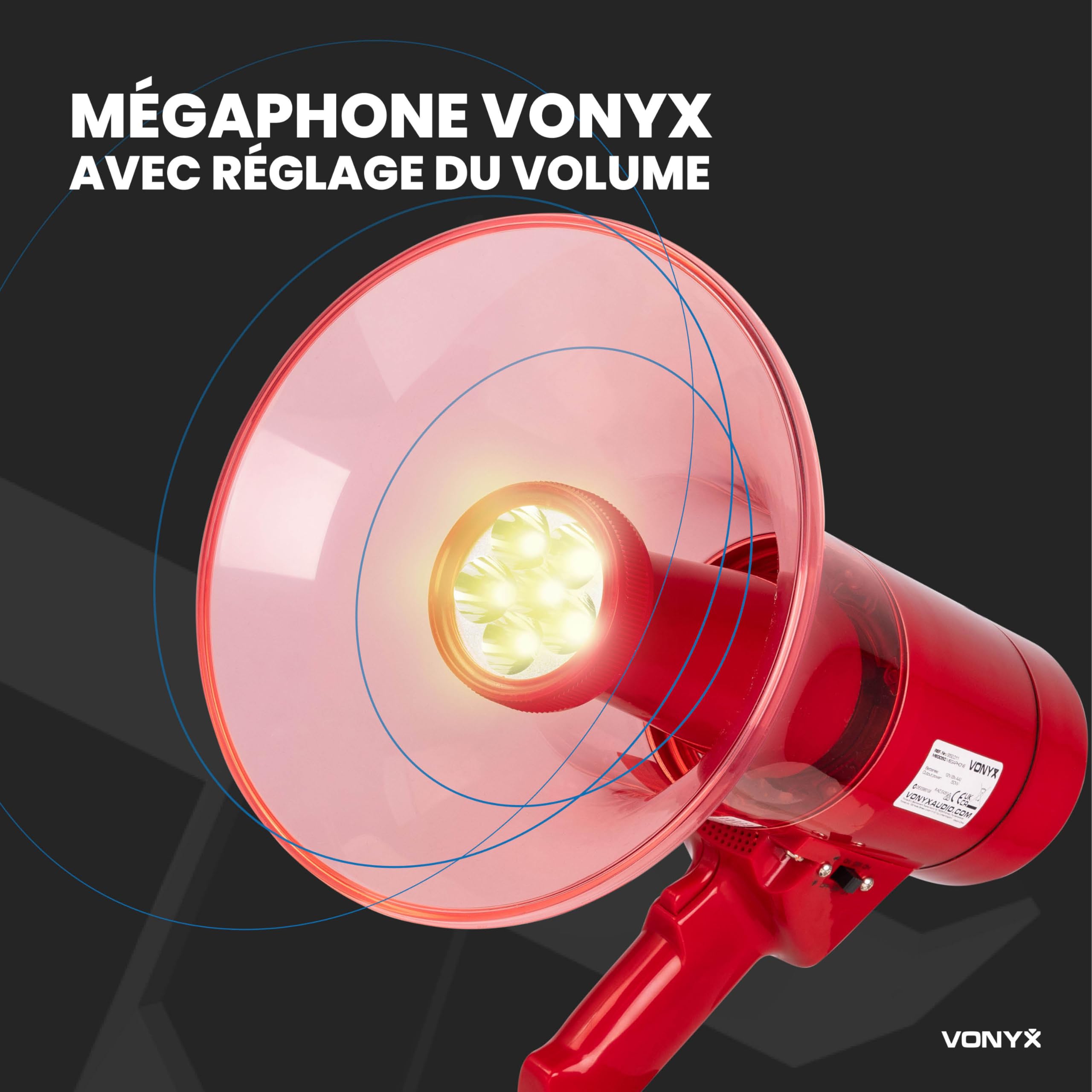 VONYX MEG050L Mégaphone avec Lampe Torche 50W, Idéal pour Manifestations et Matchs Sportifs - Jusqu’à 1 km, Bluetooth & Lecteur MP3, Poignée avec Dragonne, Imperméable