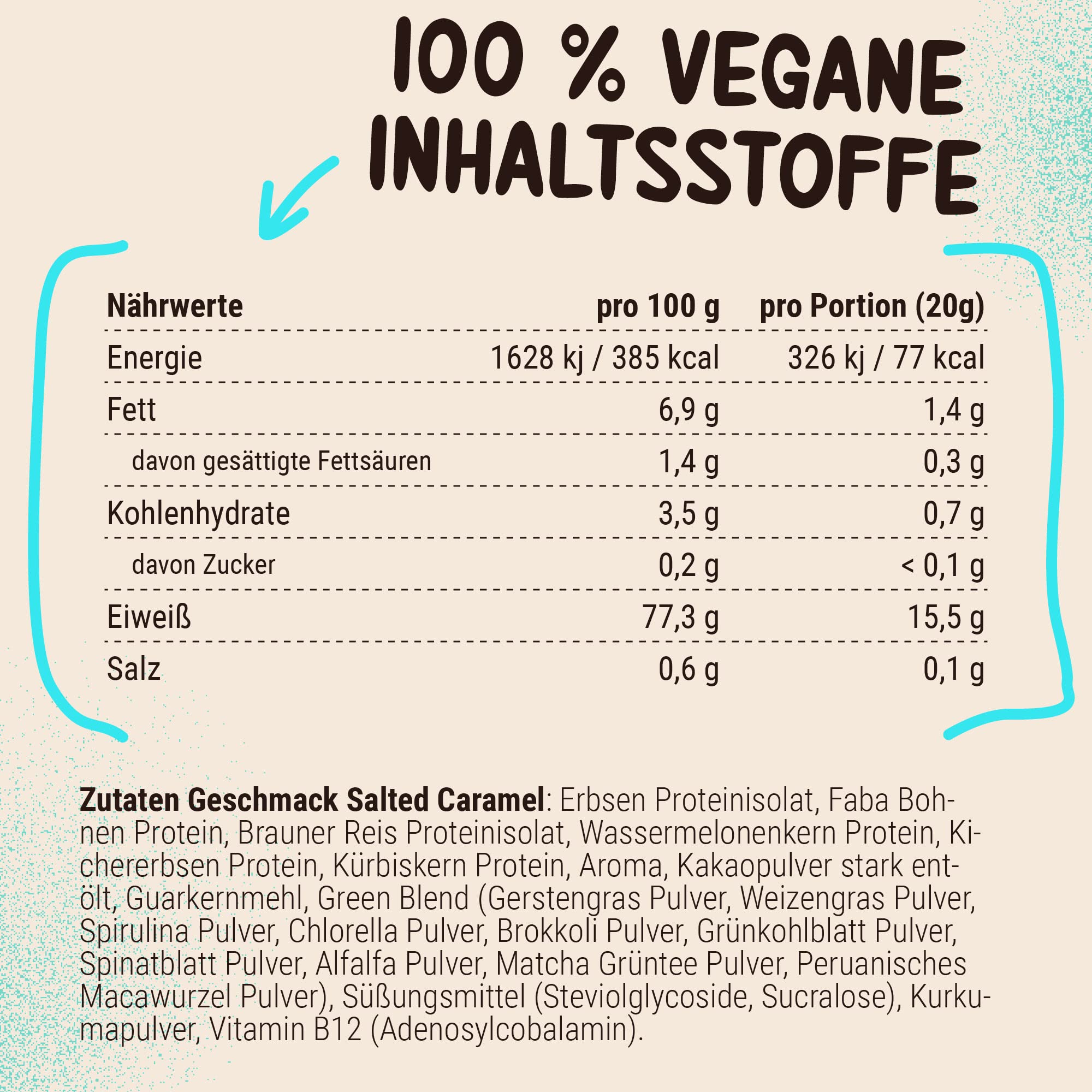 Powerstar VEGAN PROTEIN 500 g | Veganes Protein-Pulver ohne Soja | Mehrkomponenten Eiweiß-Pulver mit 10 Superfoods ergänzt | Deutsche Herstellung | Ideal zum Muskelaufbau | Salted Caramel