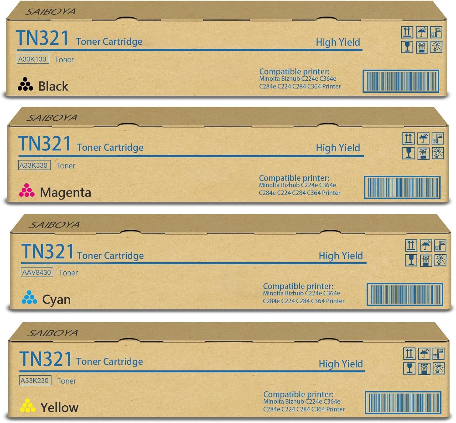 Compatible Konica TN-321 TN321 Toner Cartridge for Minolta Bizhub TN321 C224e C364e C284e C224 C284 C364 Printers Toner (4Pack,Black Yellow Cyan Magenta)