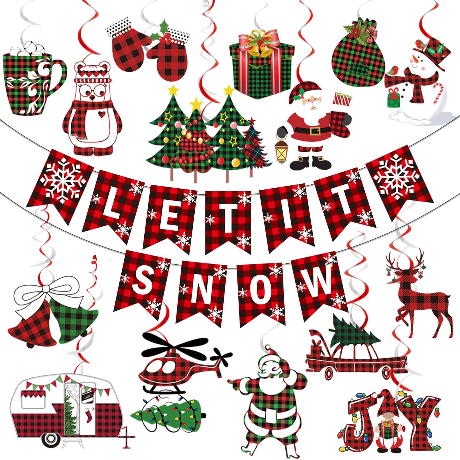 (4 pack)Let it Snow Banner Buffalo Plaid Christmas Decorations Let it Snow Christmas Decorations with Christmas Hanging Decorations for Christmas Buffalo Plaid Decorations Christmas Party Decorations