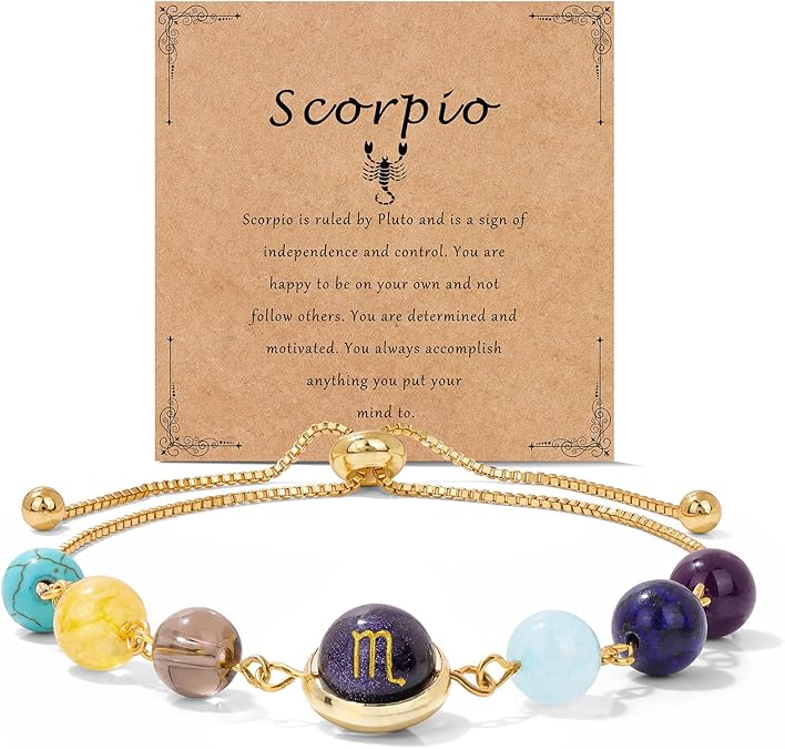 Raicegs Zodiac Bracelets for Women 18K Gold Plated Natural Stone Zodiac Sign Bracelets Gemstone Beads Healing Crystal Bracelets Constellation Horoscope Jewelry Gifts