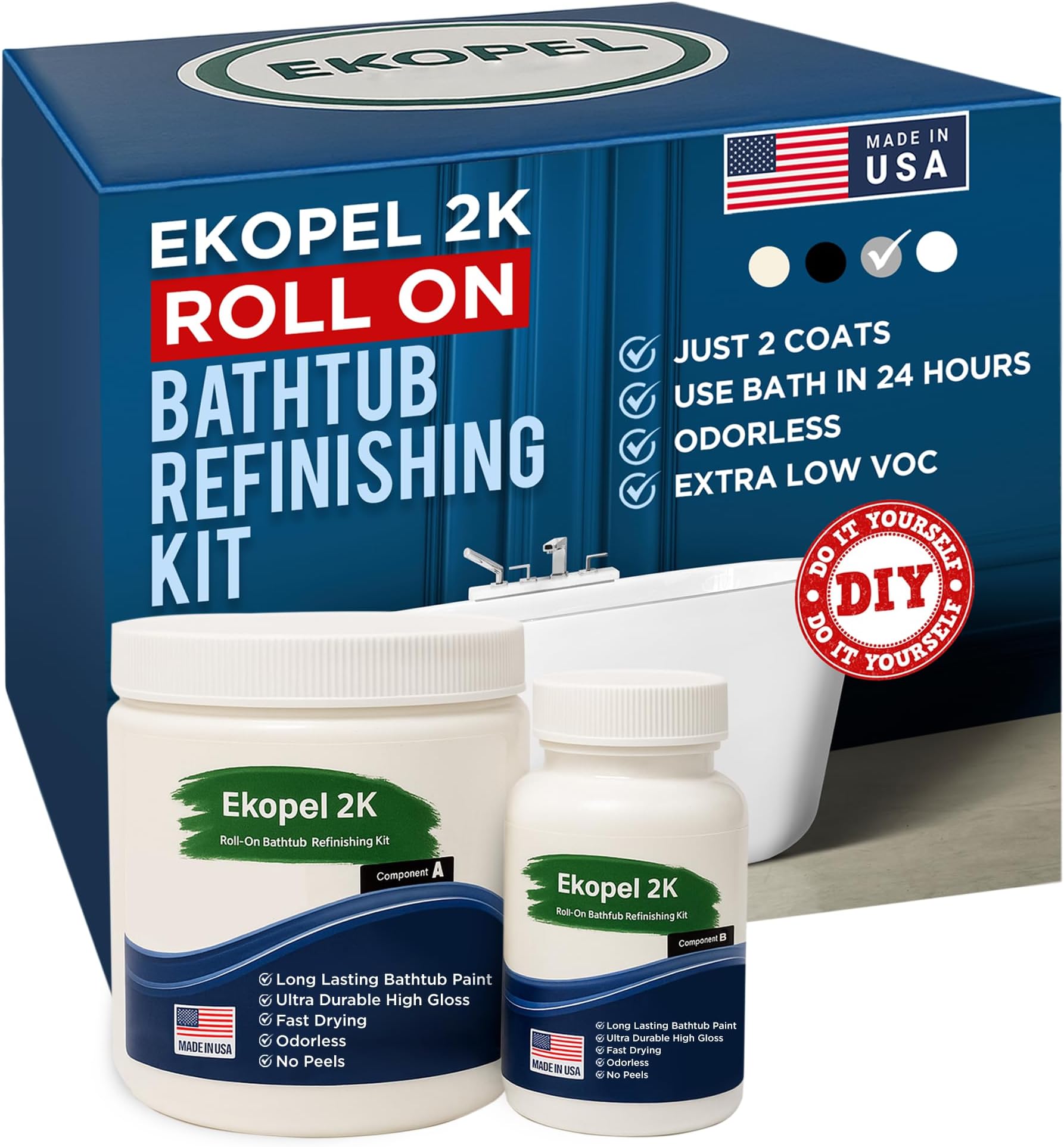 Ekopel Roll On Bathtub Refinishing Kit - Odorless Ultra Durable Grey Gloss - Never Peel Technology - Made in The USA - Grey One Coat/Touch up