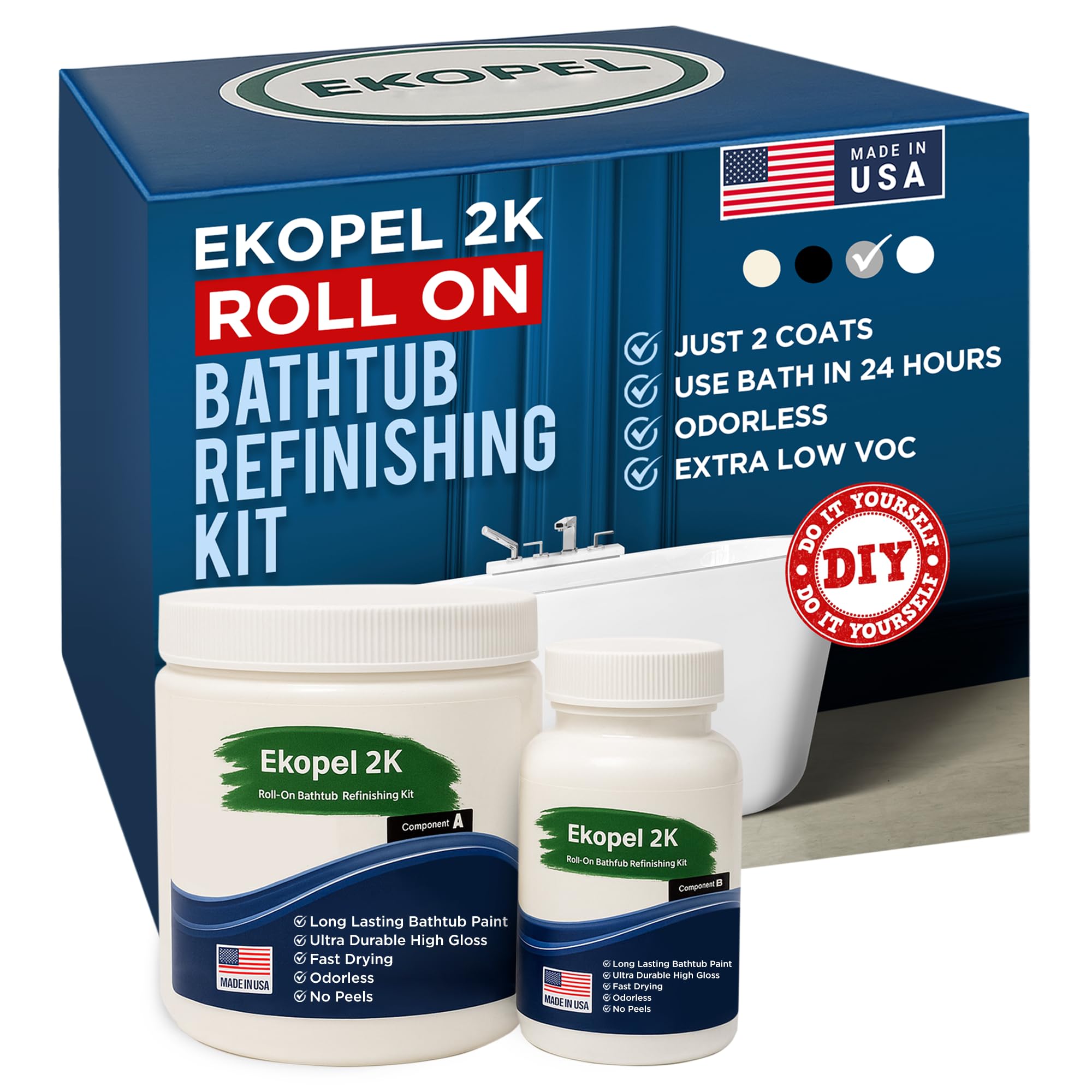 Ekopel 2K Roll On Bathtub Refinishing Kit – Odorless Tub and Tile Paint for Bathroom Restoration – Tough Epoxy Coating for Bath, Sink, Shower, Enamel, Ceramic – 2 Coats/Touch Up - Grey Gloss