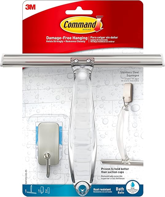 Command Stainless Steel Shower Squeegee and Satin Nickel Hook with 2 Water-Resistant Strips - Ideal for Mirror, Tile & Glass Door - Damage Free Hanging