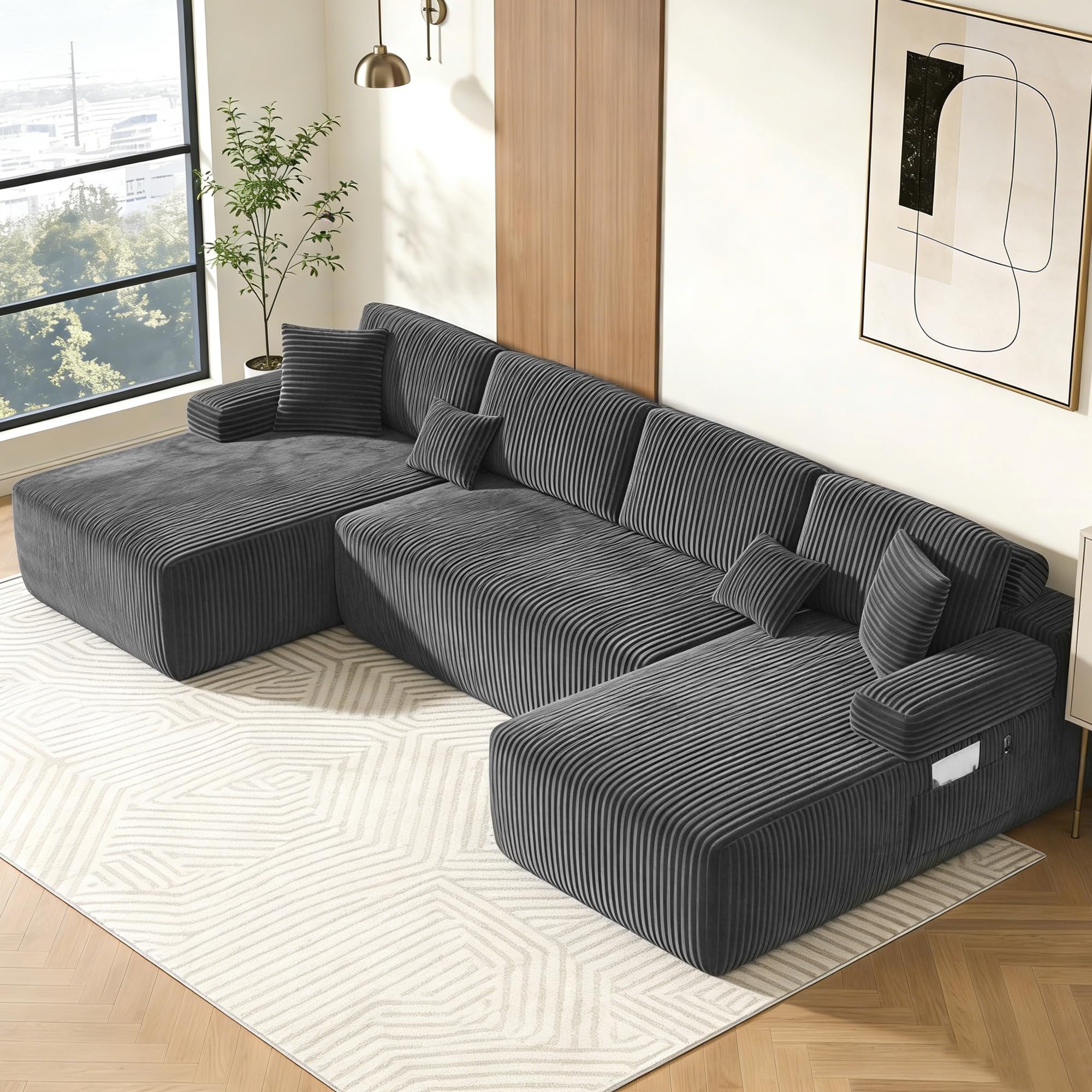 DURASPACE Canapé U 320cm 6pl Velours côtelé Mousse mémoire Gris