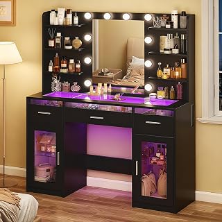 HUAHUU Vanity Desk, Makeup Vanity Desk with Mirror and Lights 3 Colors, Transparent Top with 3 RGB Drawers, 6 Shelves, 2 Large Tempered Cabinets, Power Outlet, for Bedroom, Black