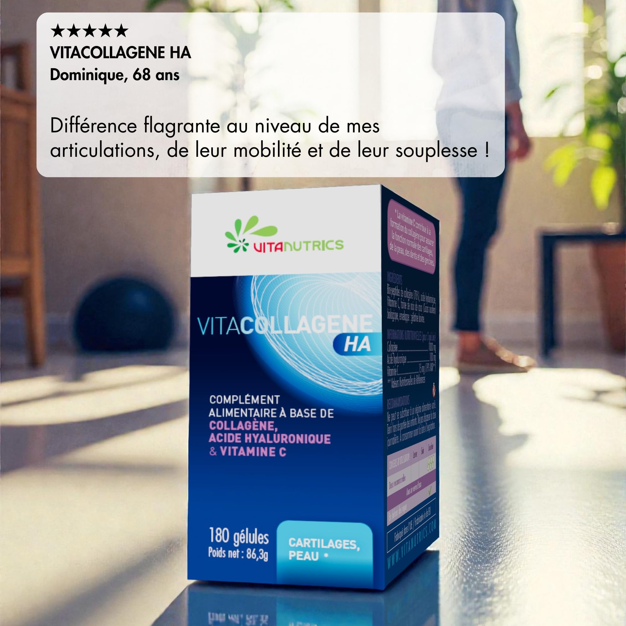 Vitanutrics - VITACOLLAGENE HA - Os, Gencives et Cartilages - Enrichi en Acide Hyaluronique et Vitamine C - Fabriqué en France - 90/180 Gélules (180 gélules)