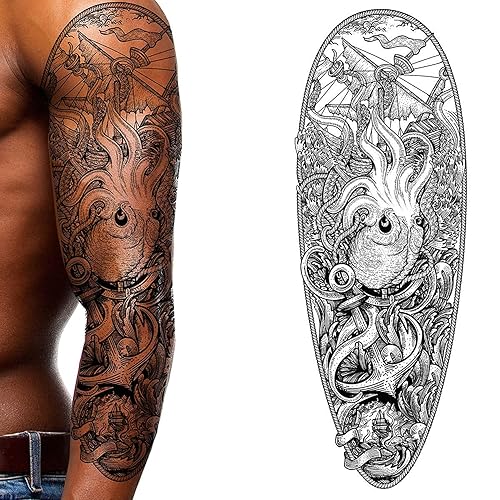 Miniatura 5 de Tatodays 2 tatuajes temporales de brazo completo pirata caribeño, transferencia de arte corporal para mujeres y hombres, cosplay de Halloween,