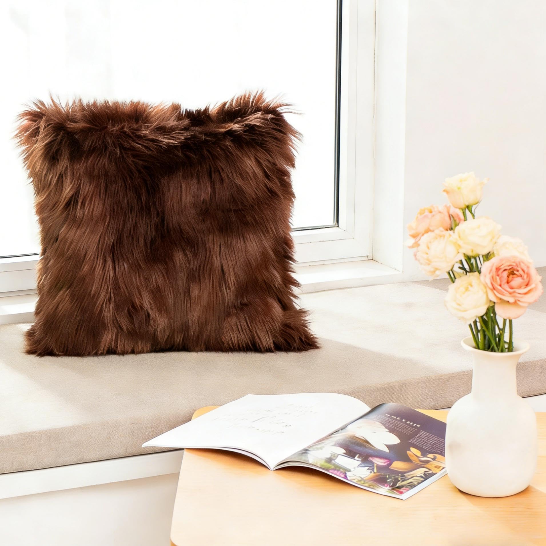 Suptinwear 36 Pack Faux Fur Pillow Cover, Soft Fluffy Decorative Throw Pillow Cover with Hidden Zipper, Plush Shag Cushion Cover for Sofa Couch Bed Living Room, 20x20 Inch, Brown, Cover Only