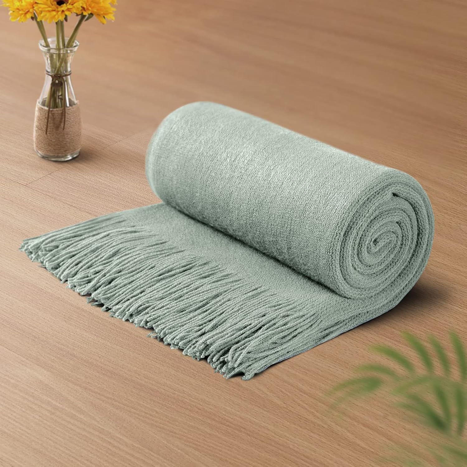 Vonty Sage Green Knitted Blanket with Tassels Fringe 60" x