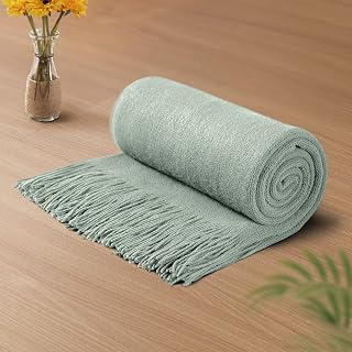 Vonty Sage Green Knitted Throw Blanket with Tassels Fringe, 50x60 Acrylic