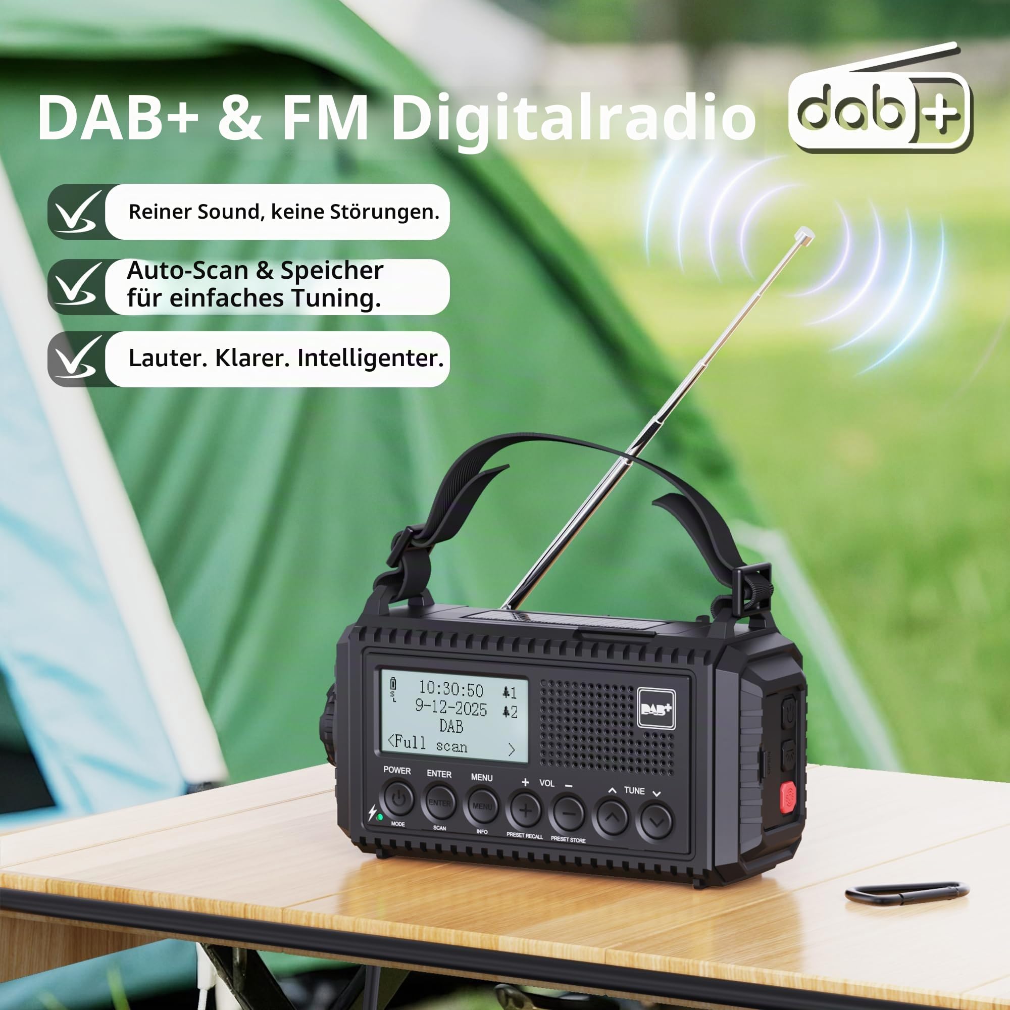 DAB/DAB+/UKW Digitalradio mit Eingebaute 5000mAh Akku Solar Radio Notfallradio mit USB Handyladefunktion Camping Radio mit LED Taschenlampe Leselampe SOS Alarm Tragbares Kurbelradio für Outdoor