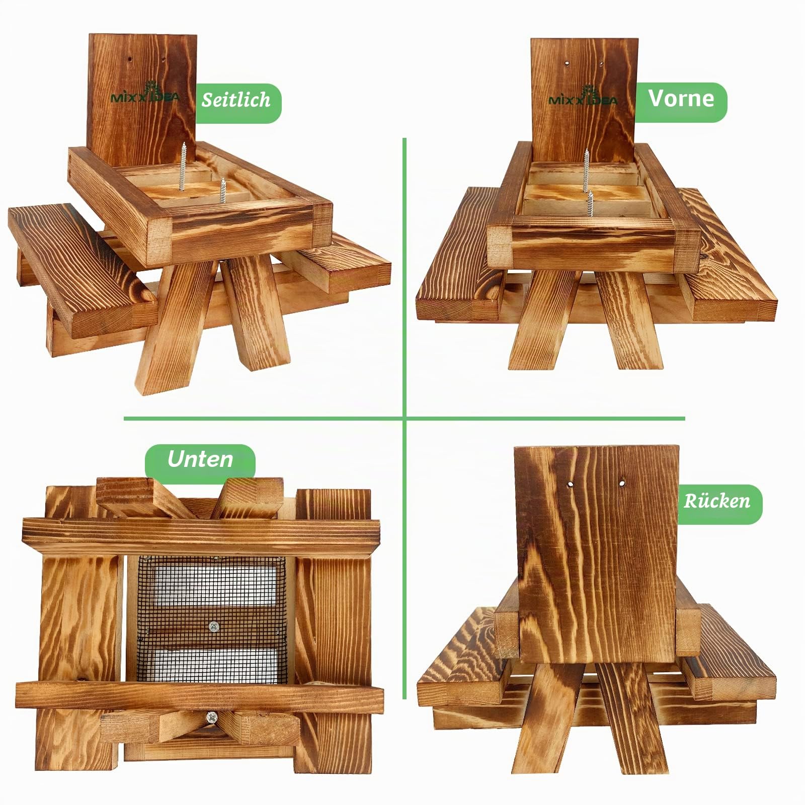 MIXXIDEA Eichhörnchen-Futterstation Picknicktisch mit hohem Regenschirm, Eichhörnchen-Futterspender aus Holz für draußen, niedlicher Streifenhörnchen-Futterspender mit Maiskolbenhalter, solide