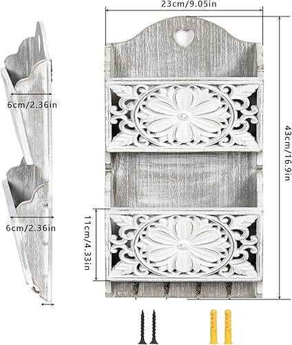 Miniatura 6 de Organizador de correo de 2 ranuras con 4 ganchos, soporte rústico para llaves y correo para decoración del hogar, ganchos de madera para llaves de