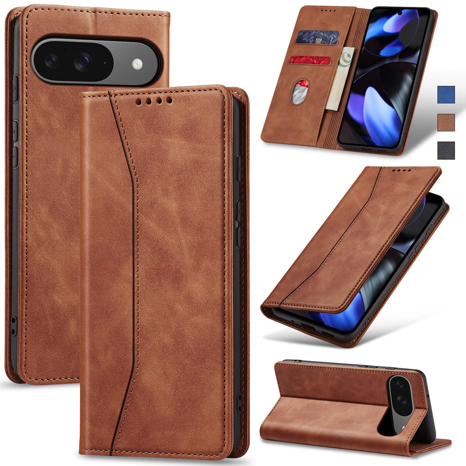 Jasonyu Flip Wallet Case for Google Pixel 9/9 Pro,Leather Magnetic Folio Cover with Card Holder,Kickstand - TPU Shockproof Durable Protective Phone Case,Brown
