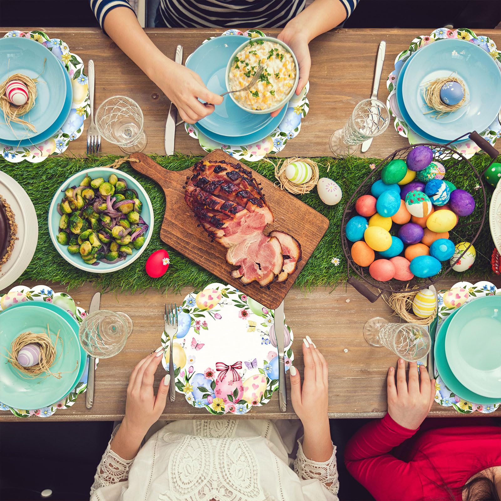 Lot de 50 sets de table jetables en papier avec lapins colorés - Motif œufs de Pâques - 34 cm - Pour mariage, vacances, fête, cuisine, salle à manger