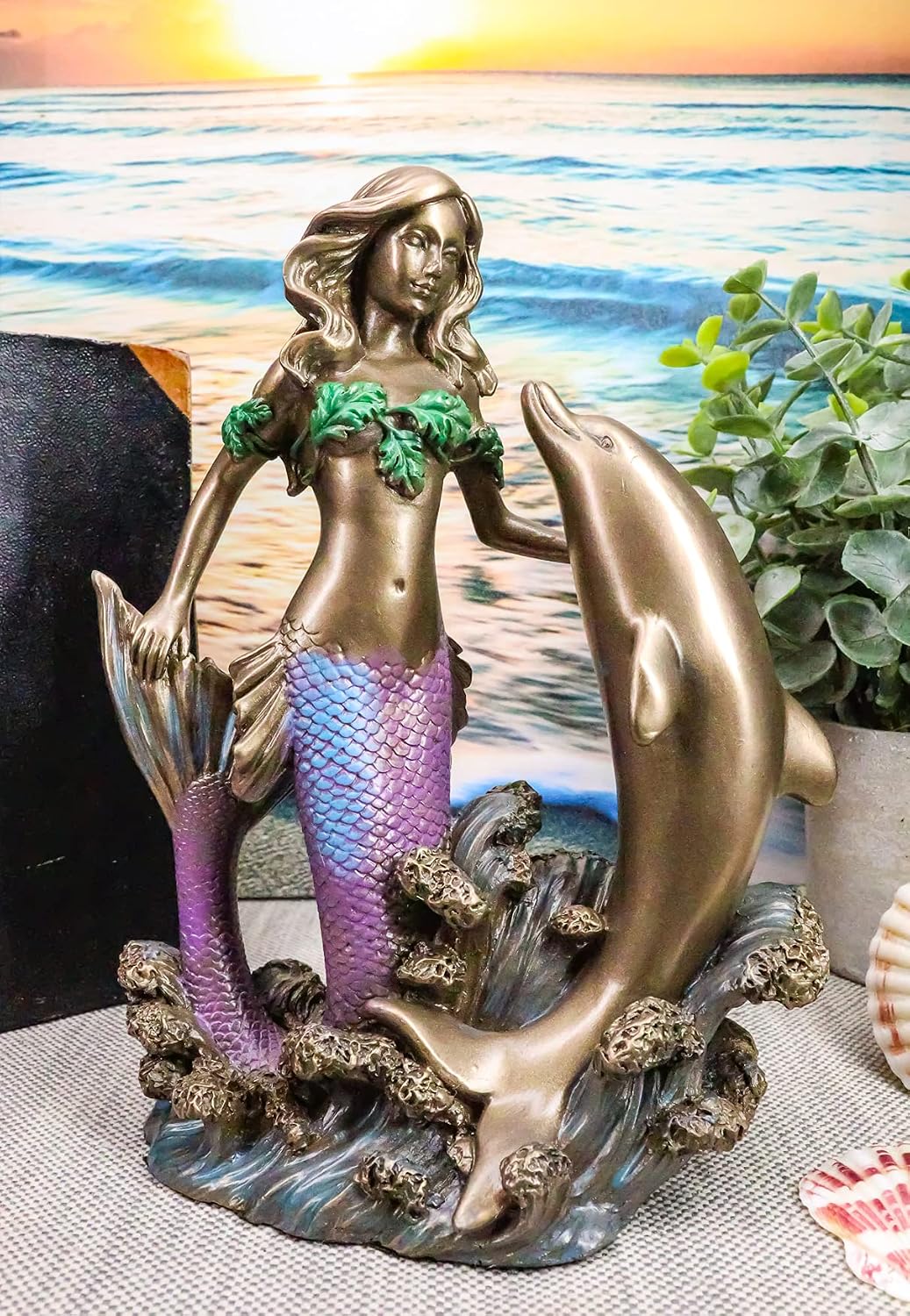 Ebros Art Nouveau Siren Mermaid with Bottlenose Dolphin Rising Over The Ocean Waves Figurine 7.5" Tall Fantasy Sea Life Water Bay Coastal Reef or Nautical Decor Statue in Painted Bronze Color Resin