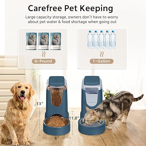 Miniatura 3 de Paquete de 2 alimentadores automáticos para gatos y perros, dispensador de agua de acero inoxidable por gravedad y juego de bebedero para mascotas