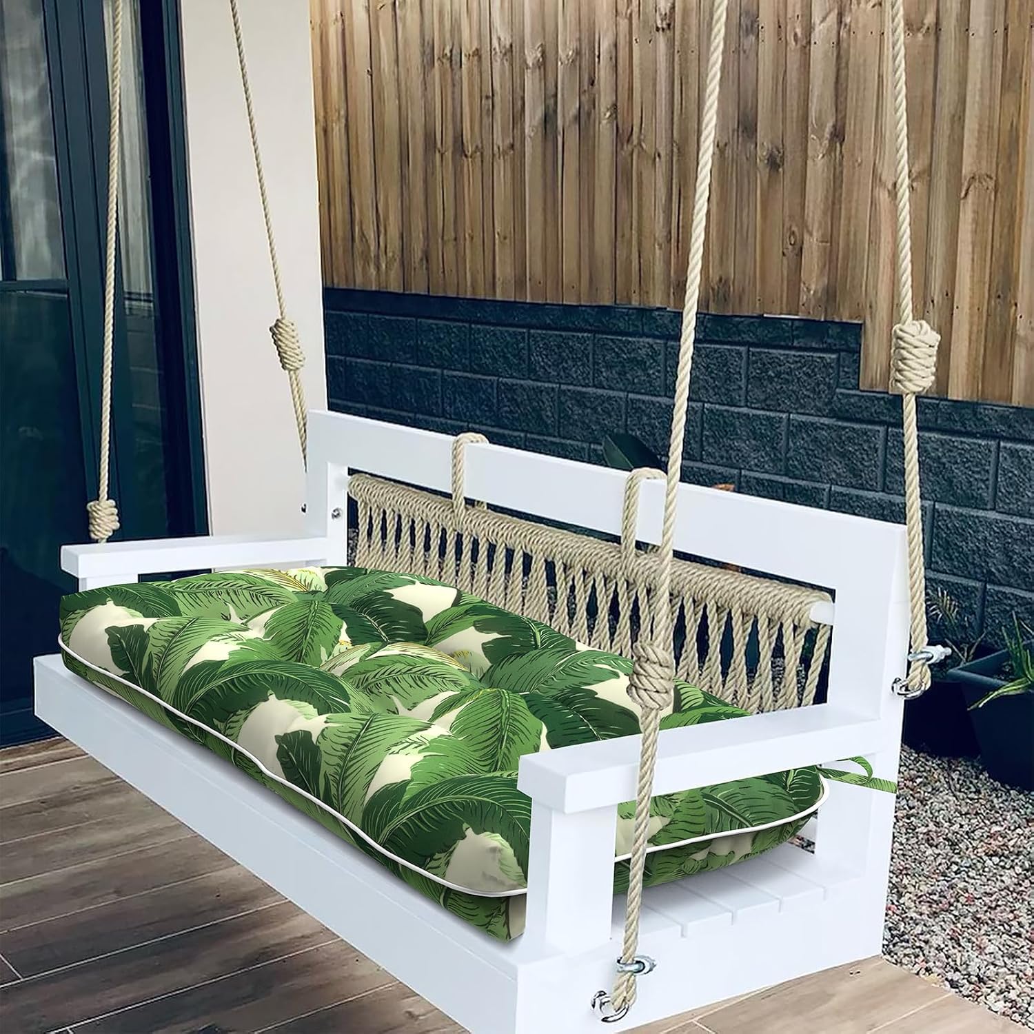 Tufted Bench Cushion for Outdoor Furniture, Patio Swing Cushion 44 x 19 x 5 Inch, Overstuffed Outdoor Chair Cushion for Garden Loveseat Lounge Storage, 1 Pack, Swaying Palms Green