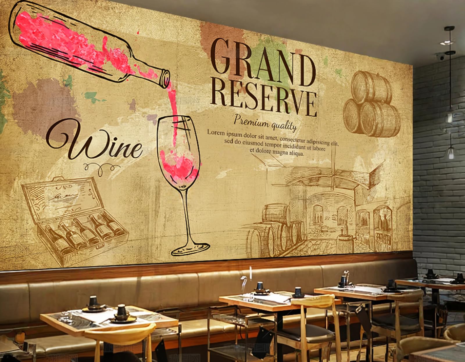 Tapeta w stylu vintage z drewnianą beczką do winnicy, piwnicy, baru, hotelu, kawiarni, restauracji, 3D, 150 x 105 cm